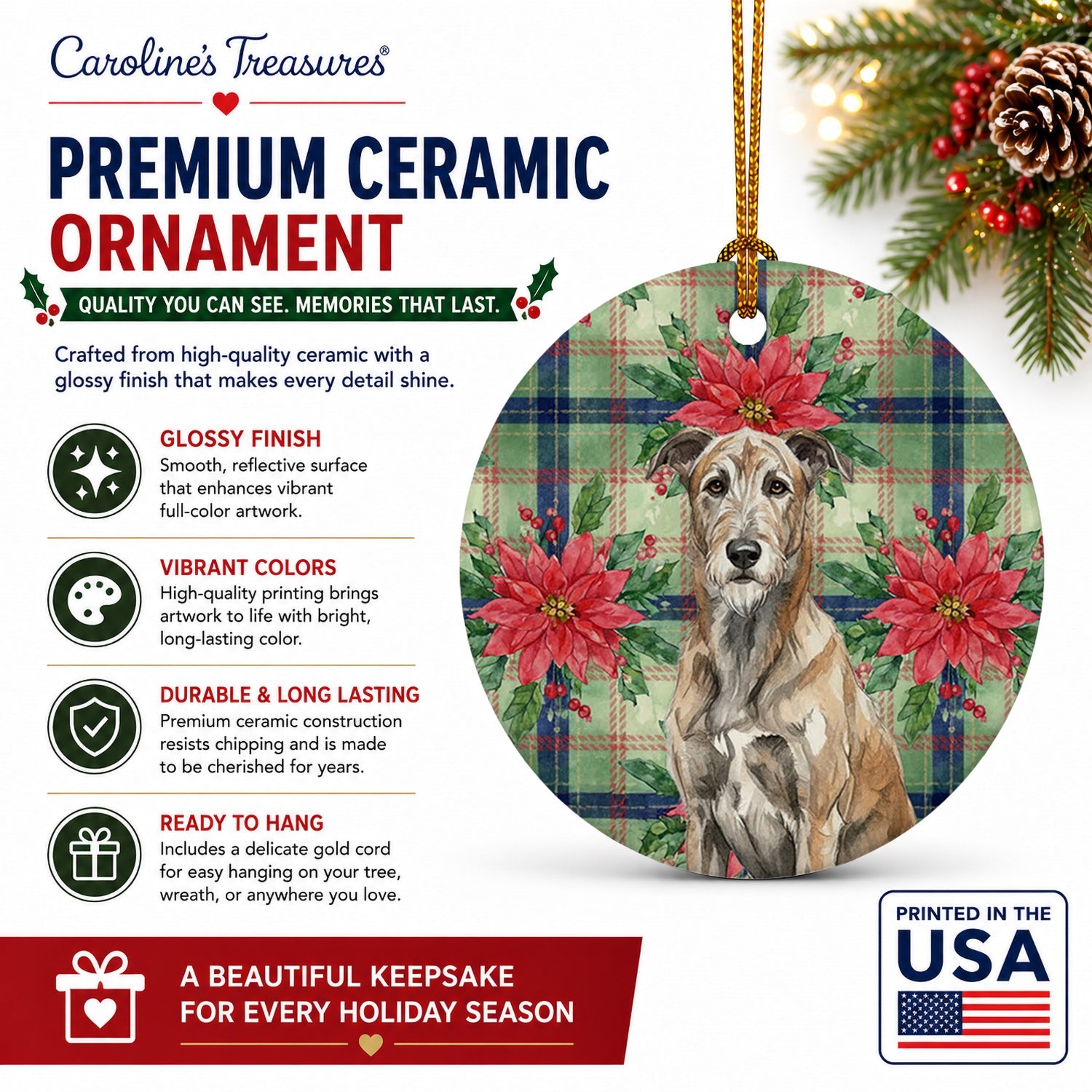 Brindle Irish Wolfhound Christmas PoinsettIas Ceramic Ornament Christmas Tree Hanging Decorations for Home Christmas Holiday, Party, Gift, 3 in, Multicolor