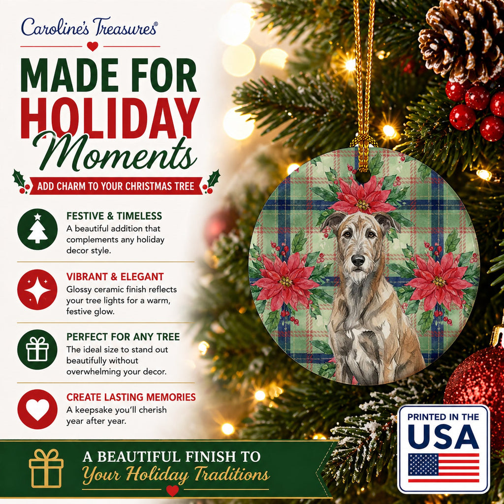 Brindle Irish Wolfhound Christmas PoinsettIas Ceramic Ornament Christmas Tree Hanging Decorations for Home Christmas Holiday, Party, Gift, 3 in, Multicolor