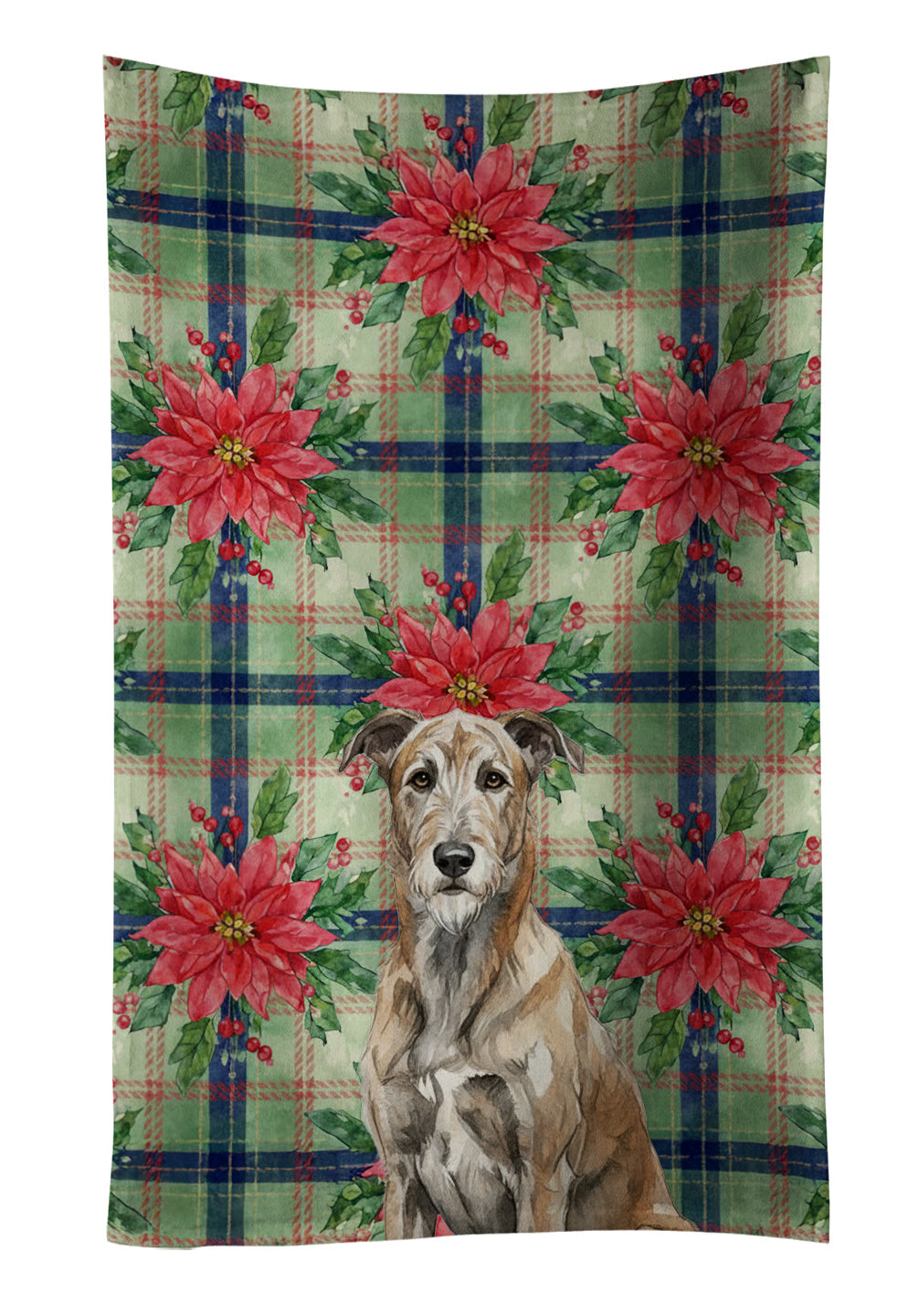 Brindle Irish Wolfhound Christmas PoinsettIas Kitchen Towel Velour Plush Front and Cotton Loop Back Machine Washable