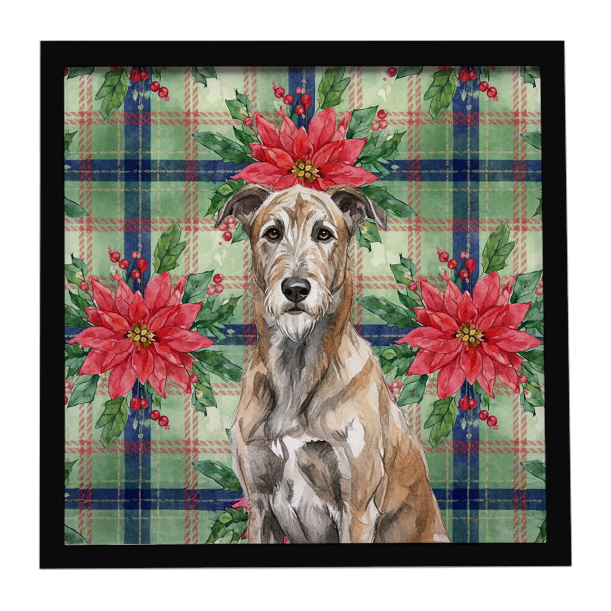 Brindle Irish Wolfhound Christmas PoinsettIas Framed Metal Print Bathroom, Kitchen, Office, Home Decor Wall Art Ready to Hang, Square, 8X8