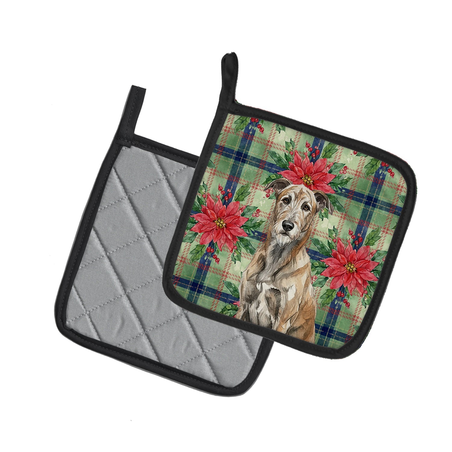 Brindle Irish Wolfhound Christmas PoinsettIas Pot Holder Set of 2 Heat Resistant Quilted Hot Pads 7.5 x 7.5 Inch, Insulated Kitchen Trivets for Cooking & Baking