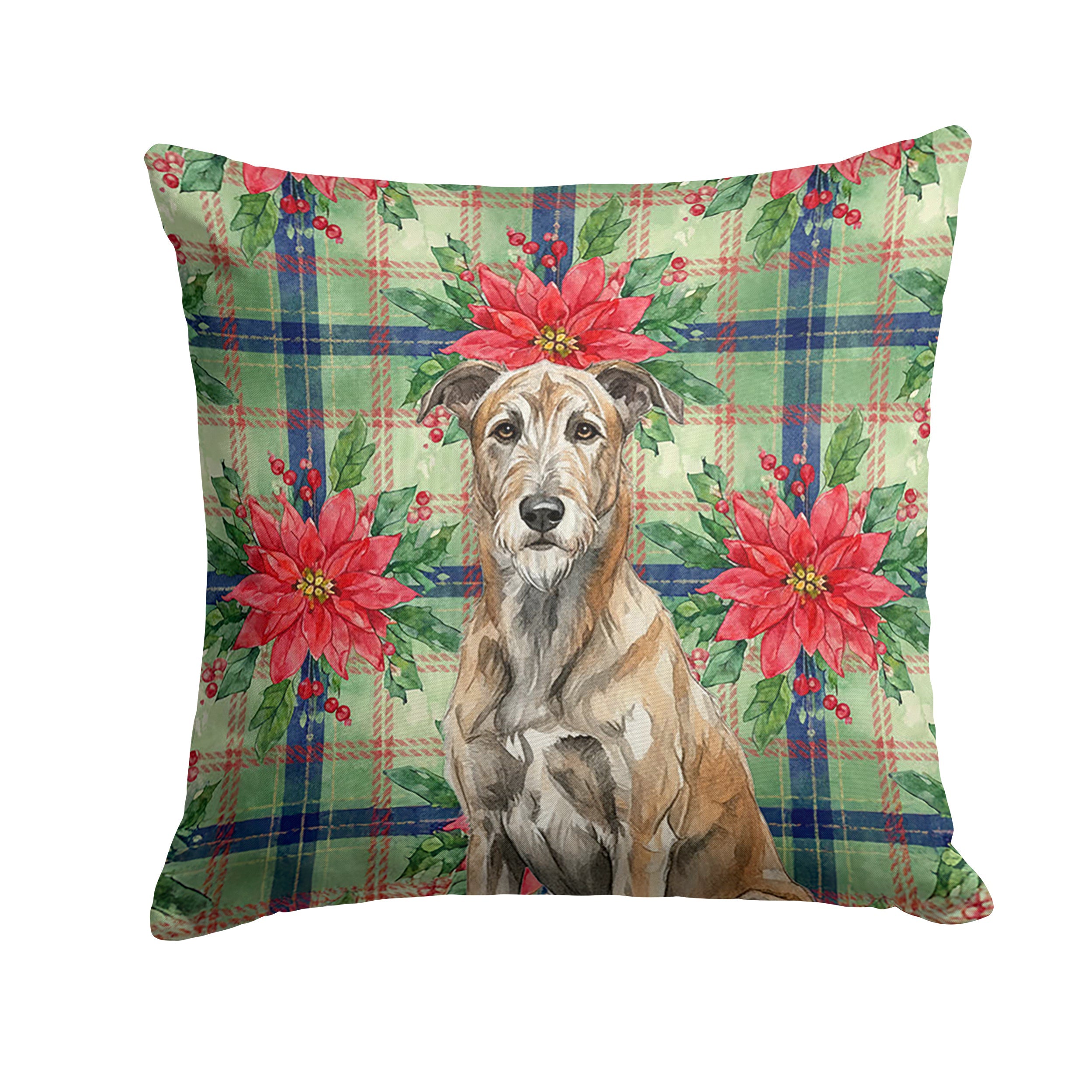 Brindle Irish Wolfhound Christmas PoinsettIas Decorative Throw Pillow 18x18 Indoor Outdoor Accent Cushion, Fabric Cover with Insert for Sofa, Bed, Porch & Living Room