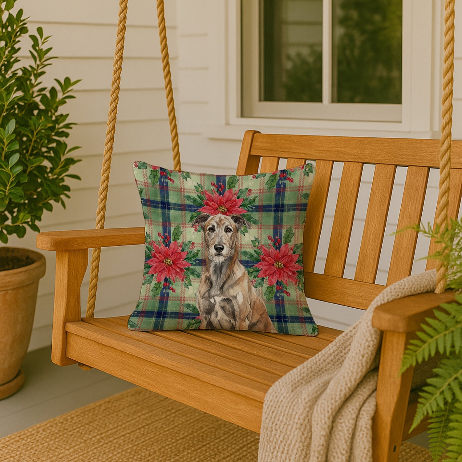 Brindle Irish Wolfhound Christmas PoinsettIas Decorative Throw Pillow 18x18 Indoor Outdoor Accent Cushion, Fabric Cover with Insert for Sofa, Bed, Porch & Living Room