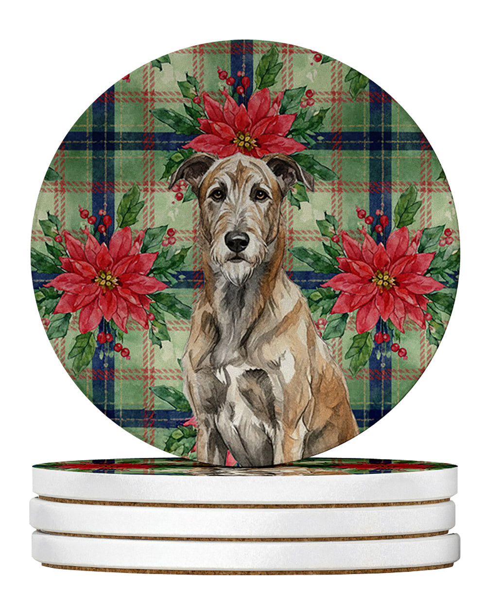 Brindle Irish Wolfhound Christmas PoinsettIas Large Sandstone Coasters Pack of 4 Absorbent Round Coasters Decor Gifts for Men or Women, 4 in, Multicolor