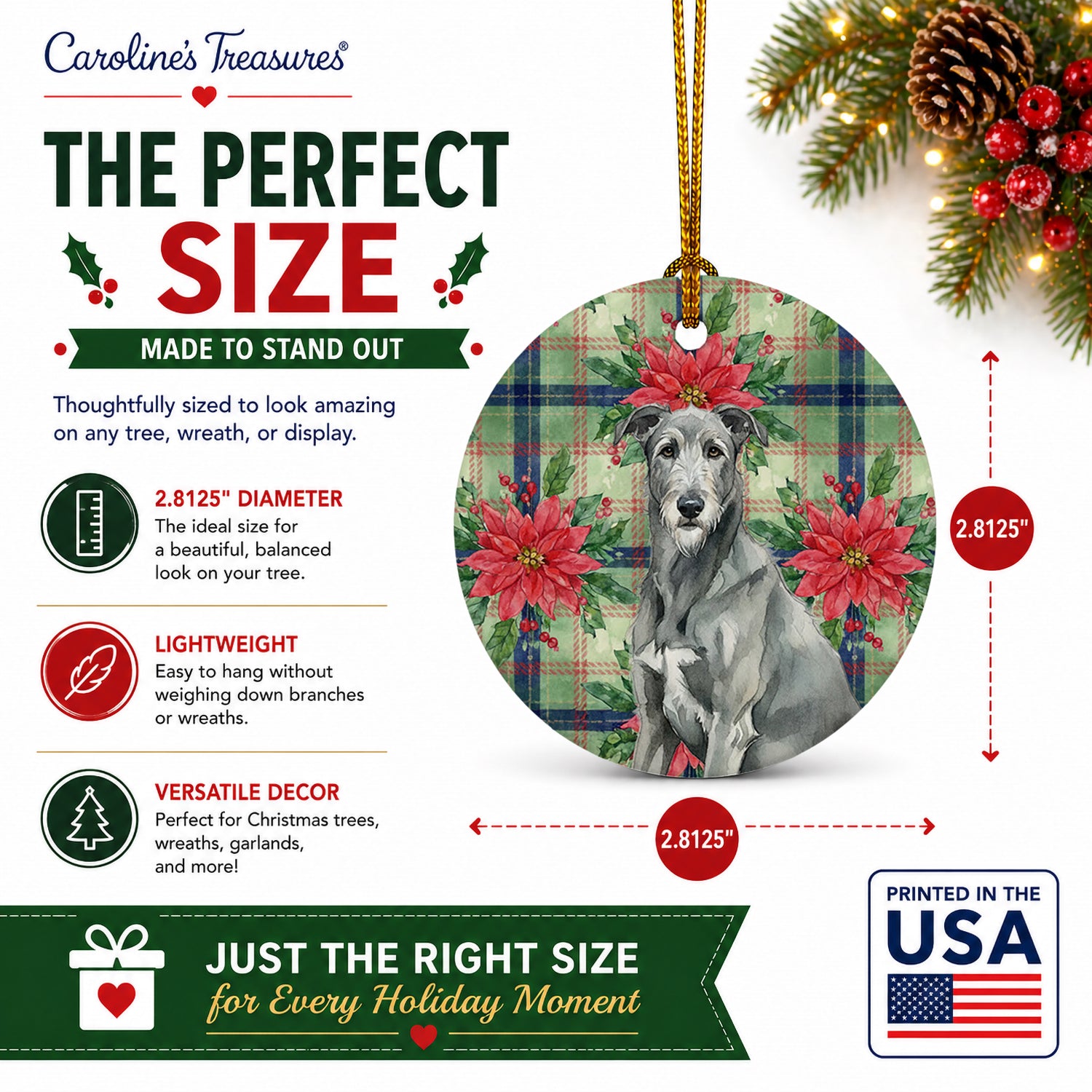 Gray Irish Wolfhound Christmas PoinsettIas Ceramic Ornament Christmas Tree Hanging Decorations for Home Christmas Holiday, Party, Gift, 3 in, Multicolor