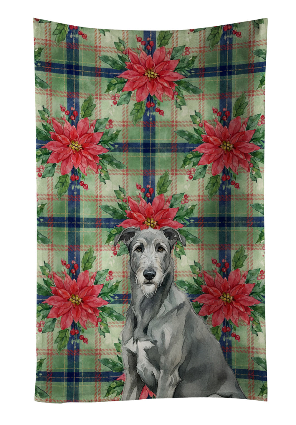 Gray Irish Wolfhound Christmas PoinsettIas Kitchen Towel Velour Plush Front and Cotton Loop Back Machine Washable