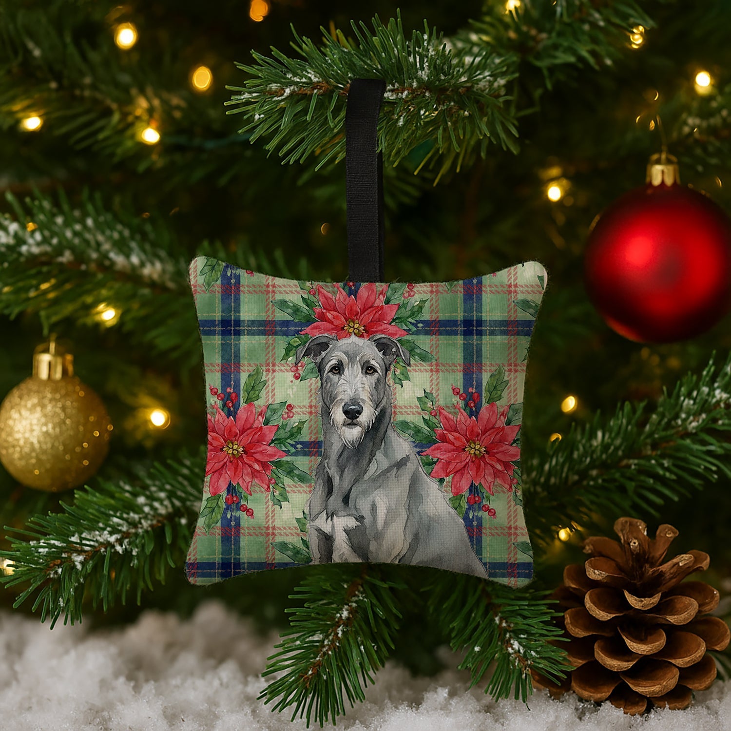 Gray Irish Wolfhound Christmas PoinsettIas Hanging Square Fabric Ornament 3.5 � 3.5 Decorative Door-Knob & Tree Hanger, Soft Fabric