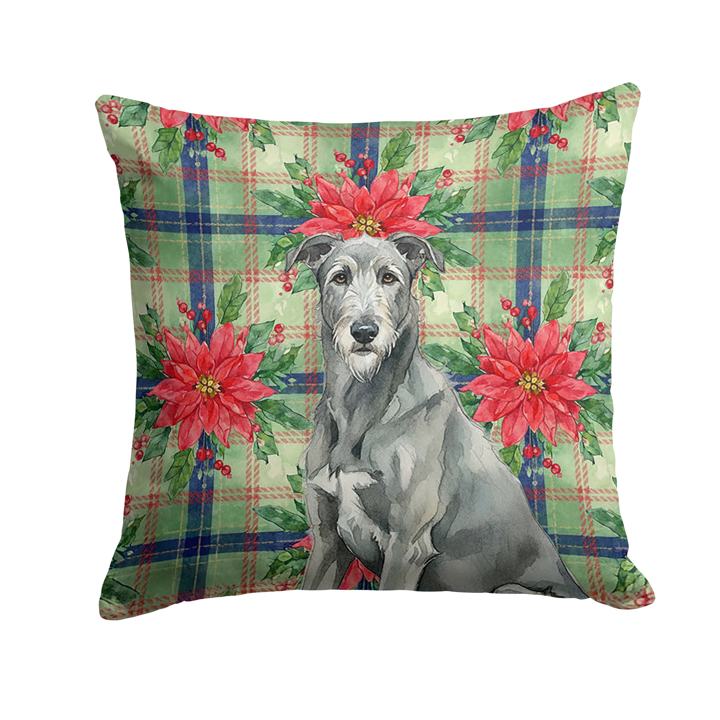 Gray Irish Wolfhound Christmas PoinsettIas Decorative Throw Pillow 18x18 Indoor Outdoor Accent Cushion, Fabric Cover with Insert for Sofa, Bed, Porch & Living Room