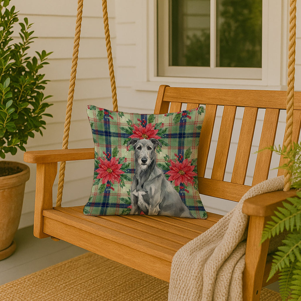 Gray Irish Wolfhound Christmas PoinsettIas Decorative Throw Pillow 18x18 Indoor Outdoor Accent Cushion, Fabric Cover with Insert for Sofa, Bed, Porch & Living Room