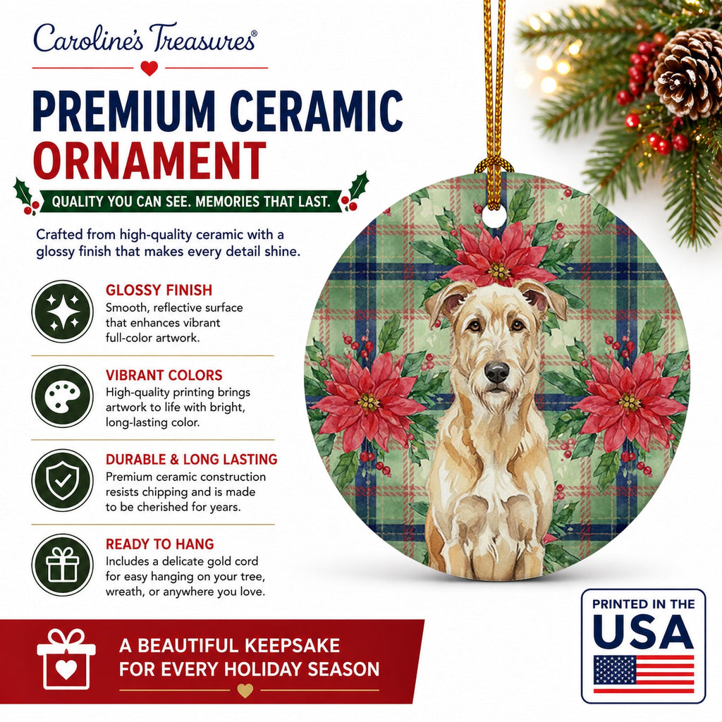 Wheaten Irish Wolfhound Christmas PoinsettIas Ceramic Ornament Christmas Tree Hanging Decorations for Home Christmas Holiday, Party, Gift, 3 in, Multicolor
