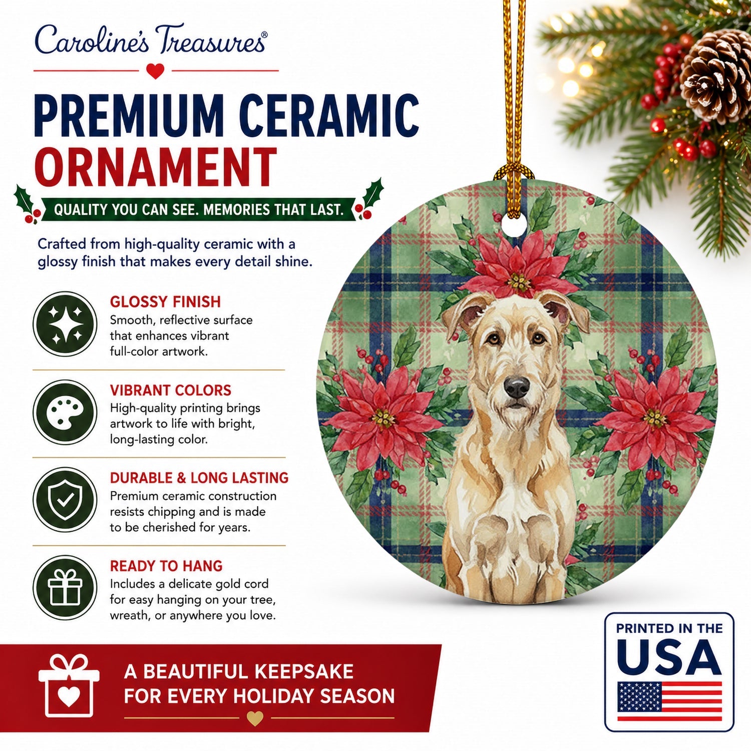 Wheaten Irish Wolfhound Christmas PoinsettIas Ceramic Ornament Christmas Tree Hanging Decorations for Home Christmas Holiday, Party, Gift, 3 in, Multicolor