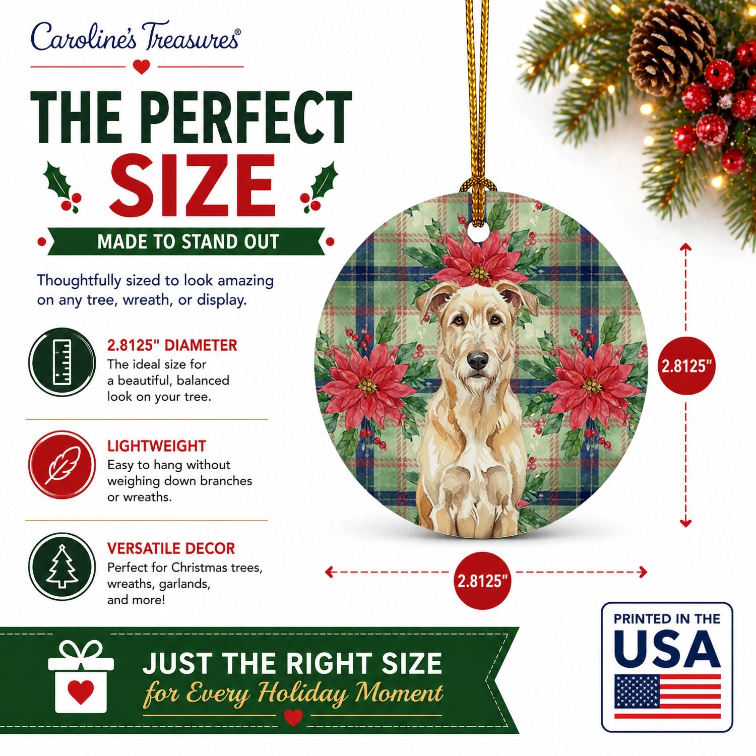 Wheaten Irish Wolfhound Christmas PoinsettIas Ceramic Ornament Christmas Tree Hanging Decorations for Home Christmas Holiday, Party, Gift, 3 in, Multicolor