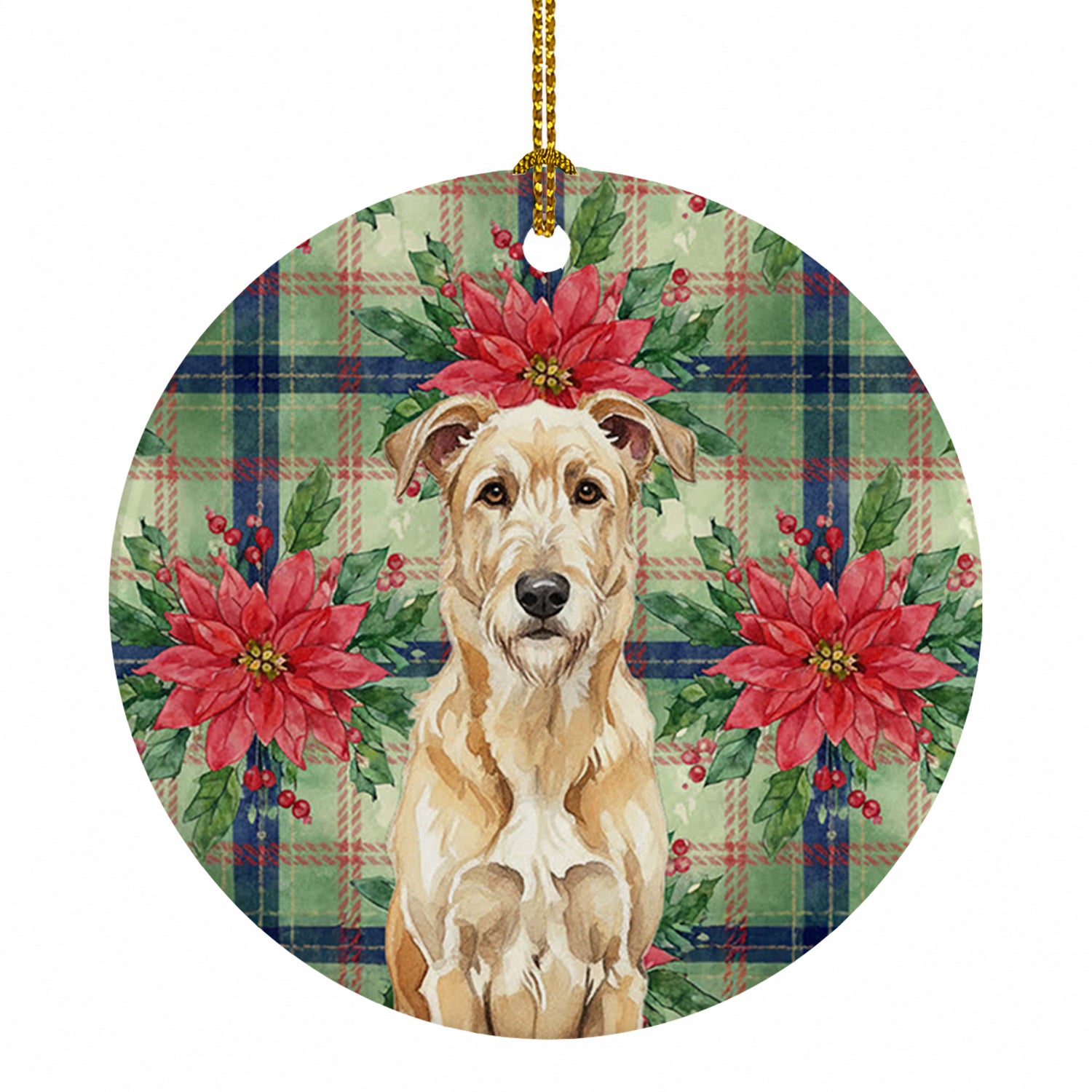 Wheaten Irish Wolfhound Christmas PoinsettIas Ceramic Ornament Christmas Tree Hanging Decorations for Home Christmas Holiday, Party, Gift, 3 in, Multicolor