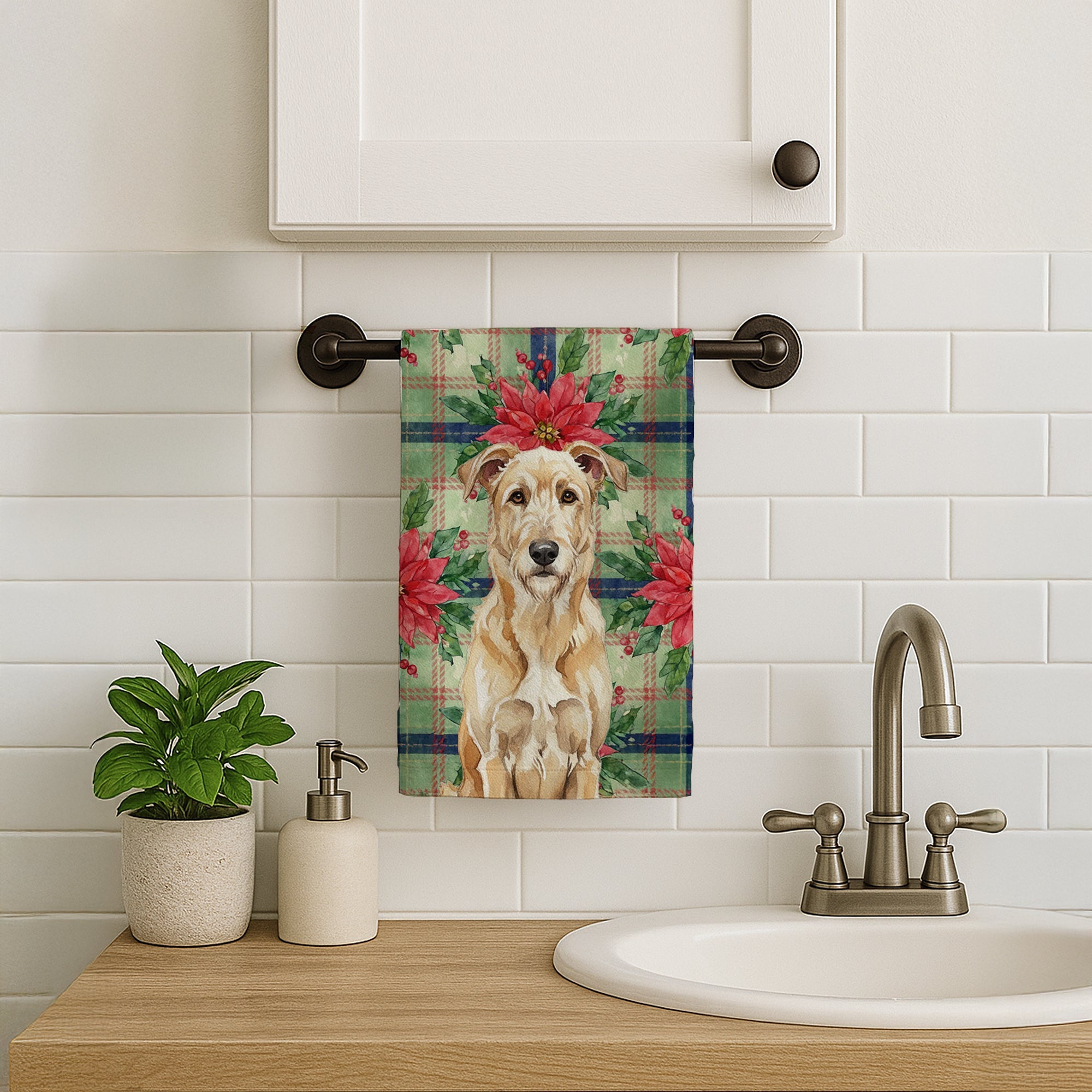 Wheaten Irish Wolfhound Christmas PoinsettIas Kitchen Towel Velour Plush Front and Cotton Loop Back Machine Washable