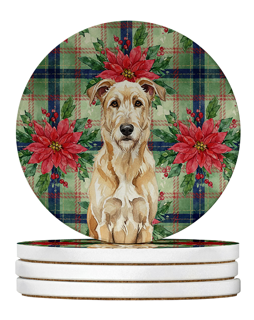 Wheaten Irish Wolfhound Christmas PoinsettIas Large Sandstone Coasters Pack of 4 Absorbent Round Coasters Decor Gifts for Men or Women, 4 in, Multicolor