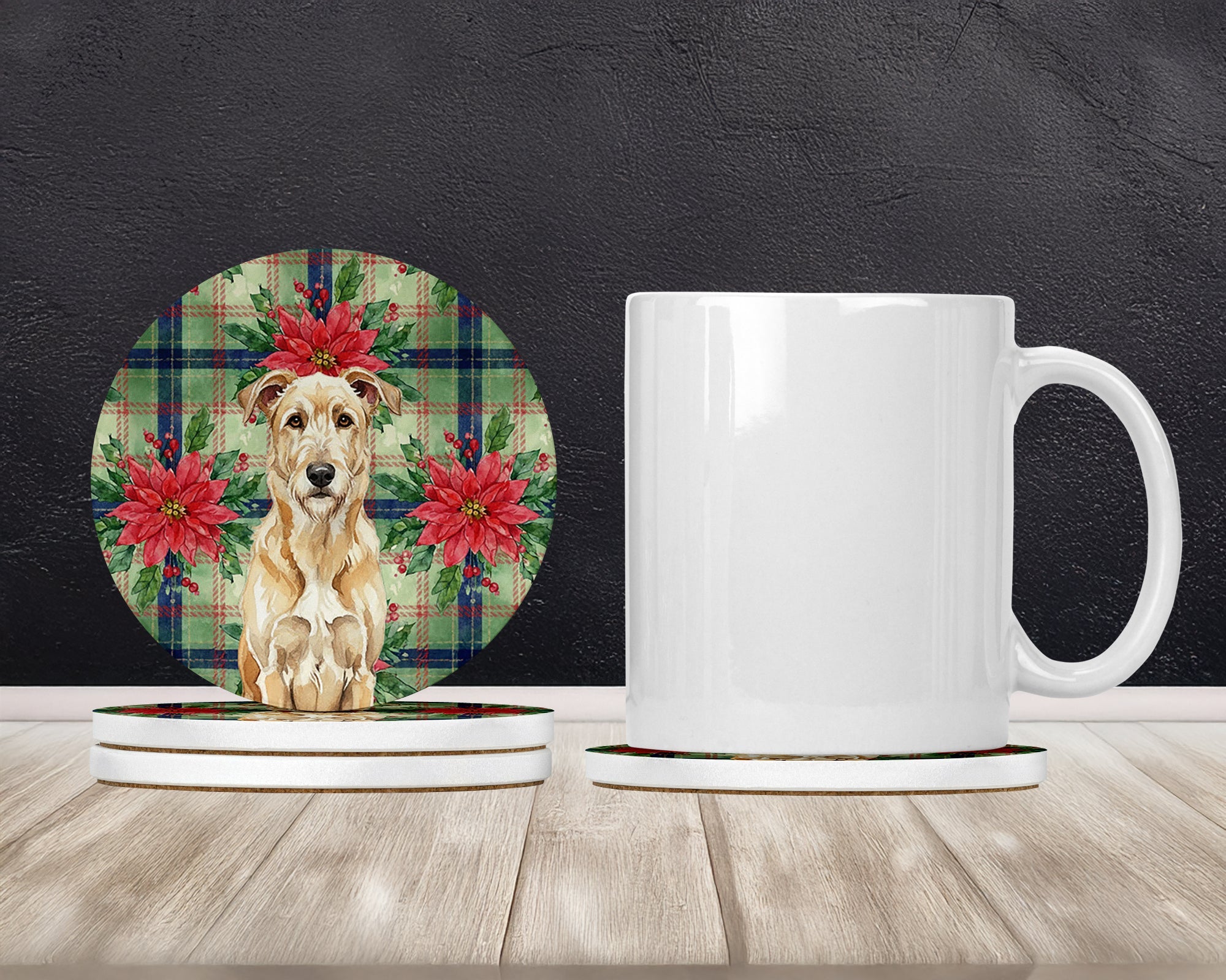 Wheaten Irish Wolfhound Christmas PoinsettIas Large Sandstone Coasters Pack of 4 Absorbent Round Coasters Decor Gifts for Men or Women, 4 in, Multicolor
