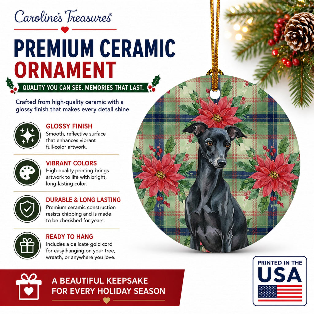 Black Italian Greyhound Christmas PoinsettIas Ceramic Ornament Christmas Tree Hanging Decorations for Home Christmas Holiday, Party, Gift, 3 in, Multicolor