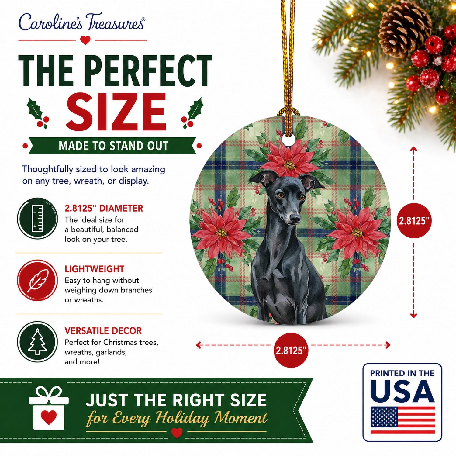 Black Italian Greyhound Christmas PoinsettIas Ceramic Ornament Christmas Tree Hanging Decorations for Home Christmas Holiday, Party, Gift, 3 in, Multicolor