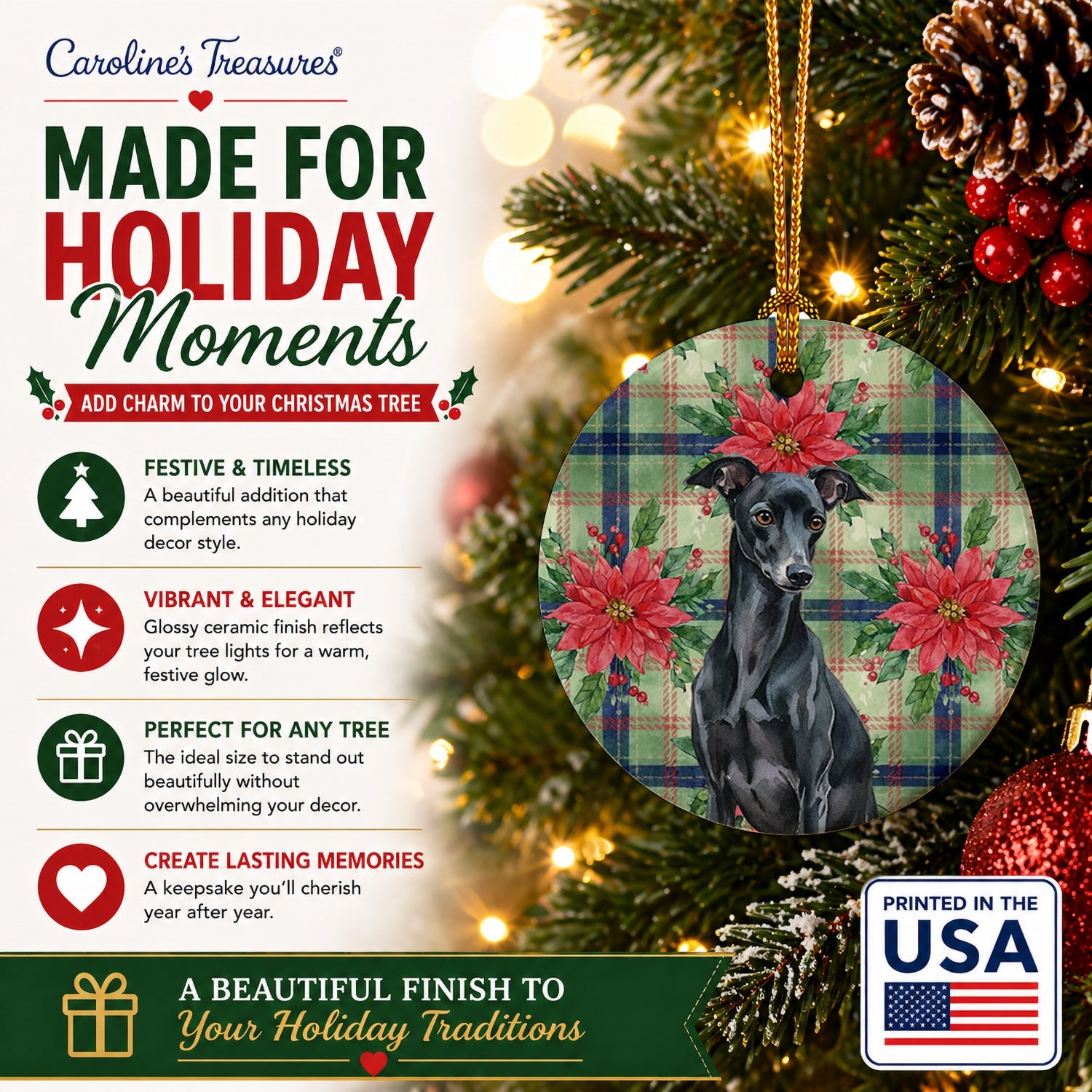 Black Italian Greyhound Christmas PoinsettIas Ceramic Ornament Christmas Tree Hanging Decorations for Home Christmas Holiday, Party, Gift, 3 in, Multicolor