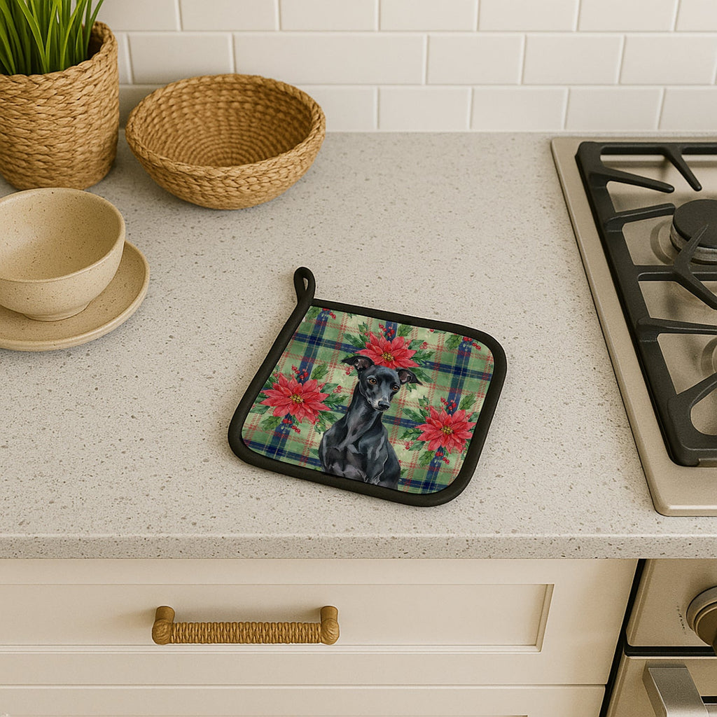 Black Italian Greyhound Christmas PoinsettIas Pot Holder Set of 2 Heat Resistant Quilted Hot Pads 7.5 x 7.5 Inch, Insulated Kitchen Trivets for Cooking & Baking