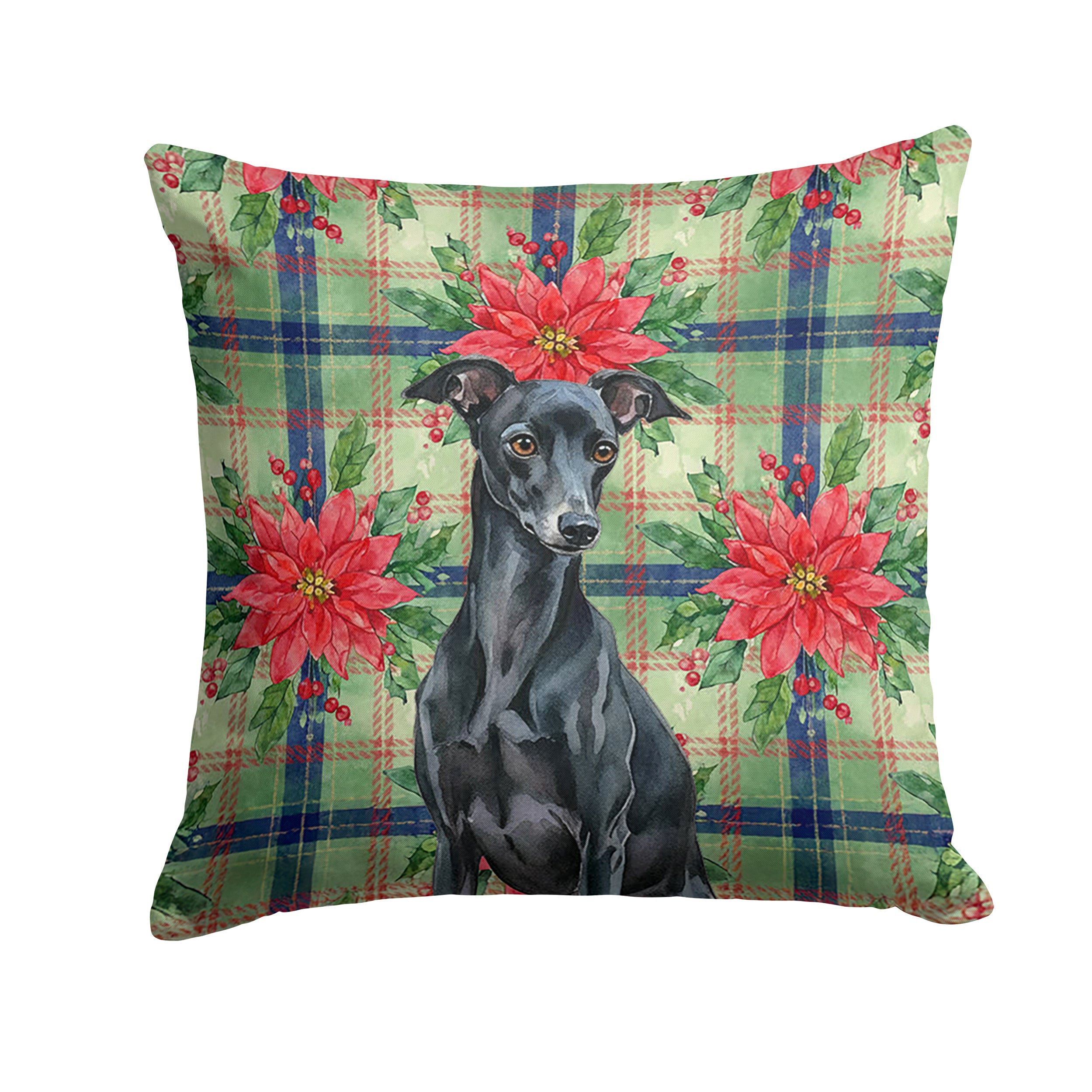 Black Italian Greyhound Christmas PoinsettIas Decorative Throw Pillow 14x14 Indoor Outdoor Accent Cushion, Fabric Cover with Insert for Sofa, Bed, Porch & Living Room