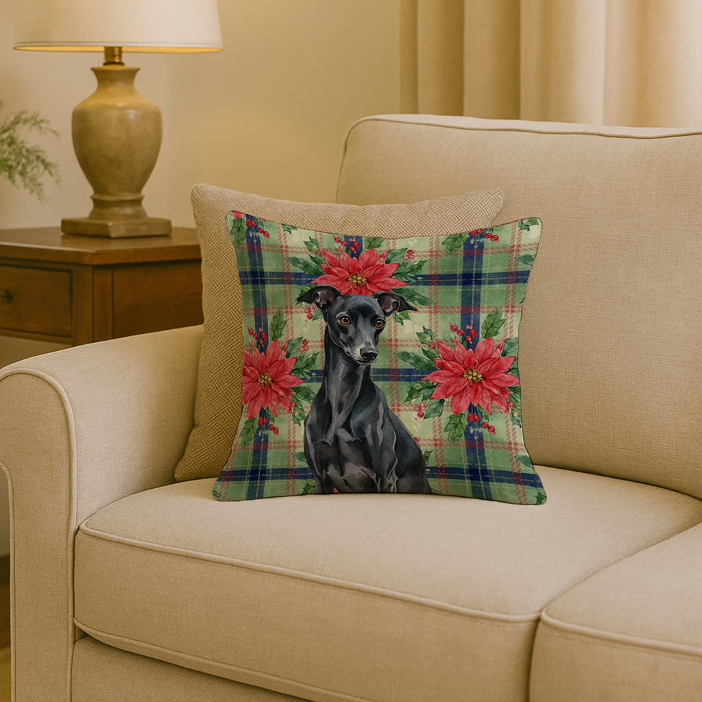 Black Italian Greyhound Christmas PoinsettIas Decorative Throw Pillow 18x18 Indoor Outdoor Accent Cushion, Fabric Cover with Insert for Sofa, Bed, Porch & Living Room