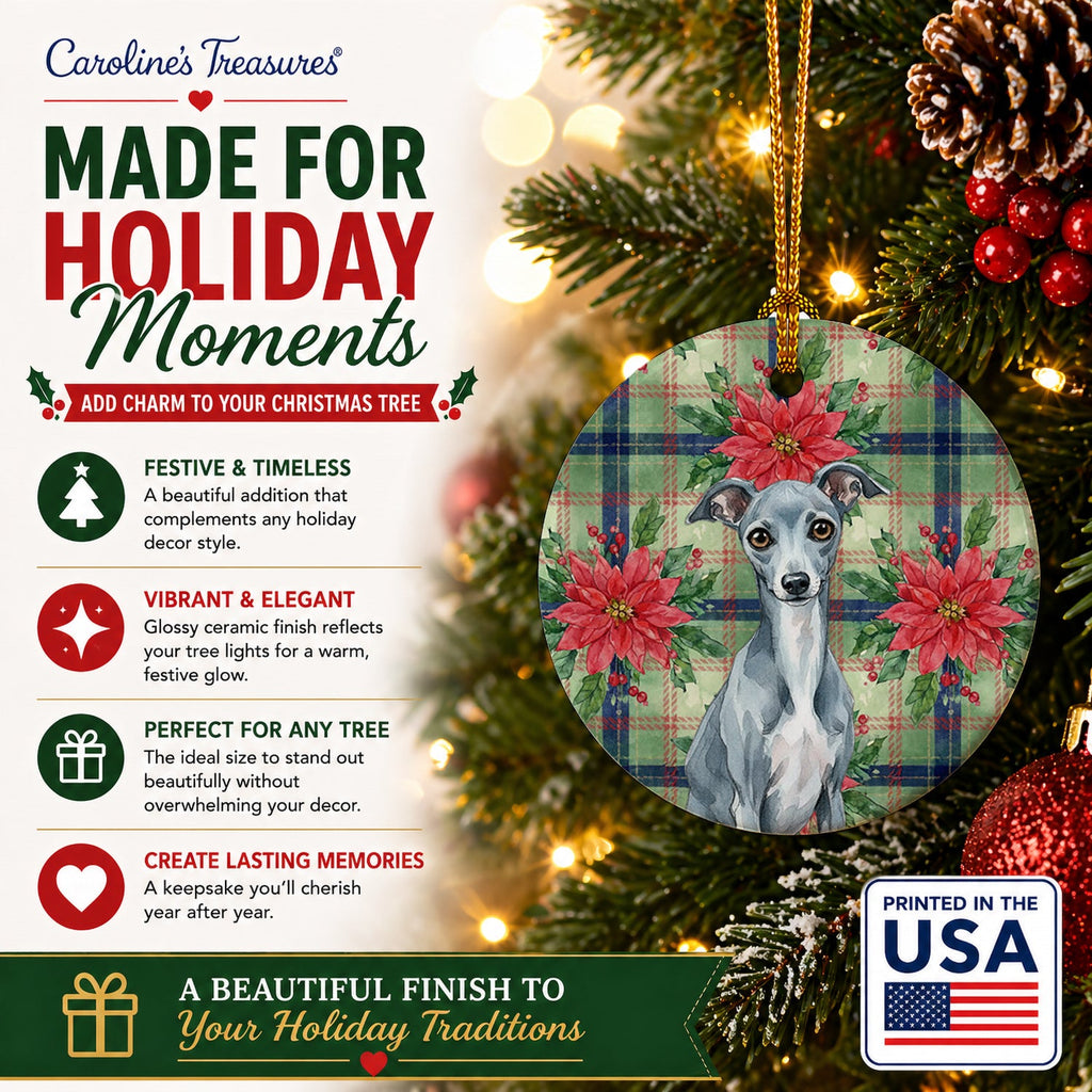 Blue Italian Greyhound Christmas PoinsettIas Ceramic Ornament Christmas Tree Hanging Decorations for Home Christmas Holiday, Party, Gift, 3 in, Multicolor