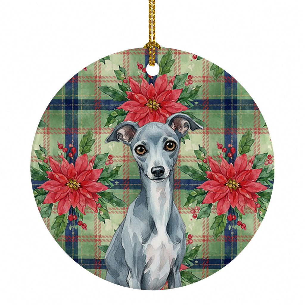 Blue Italian Greyhound Christmas PoinsettIas Ceramic Ornament Christmas Tree Hanging Decorations for Home Christmas Holiday, Party, Gift, 3 in, Multicolor