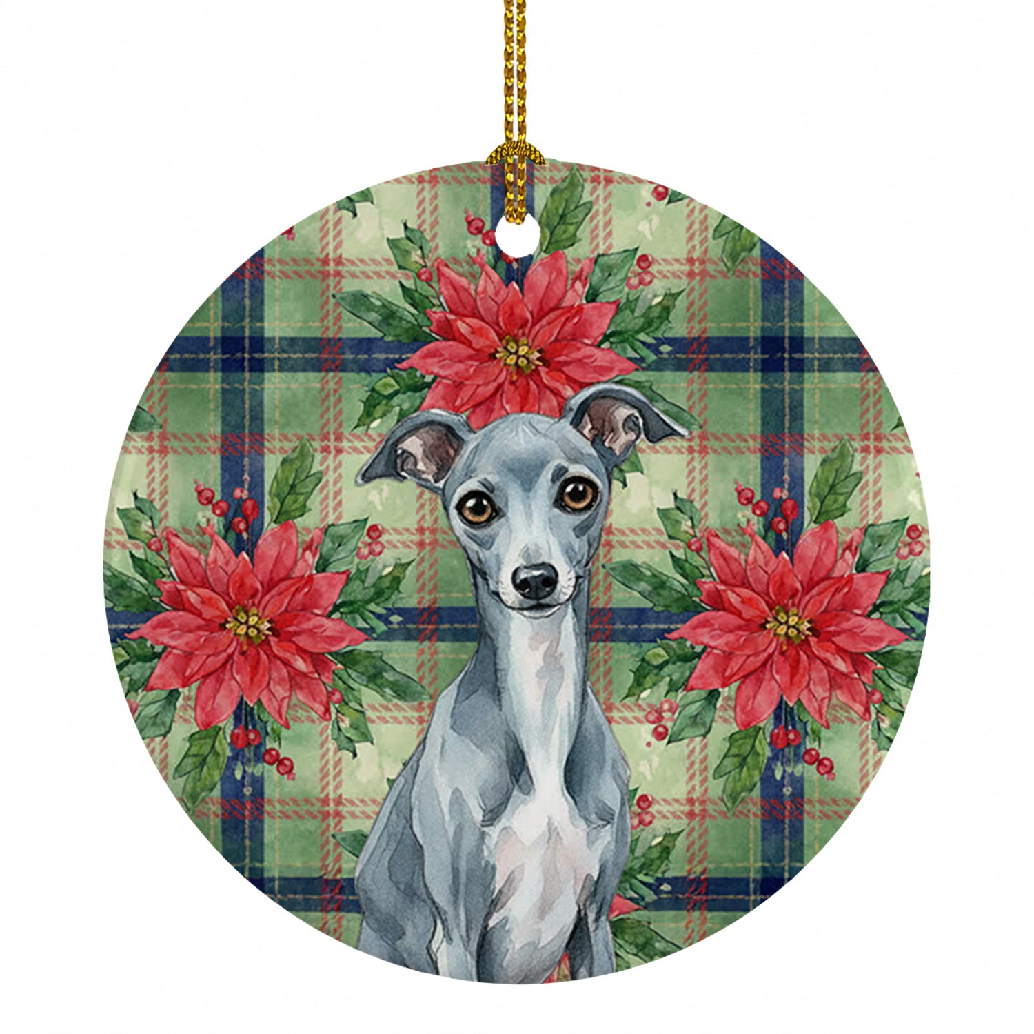 Blue Italian Greyhound Christmas PoinsettIas Ceramic Ornament Christmas Tree Hanging Decorations for Home Christmas Holiday, Party, Gift, 3 in, Multicolor