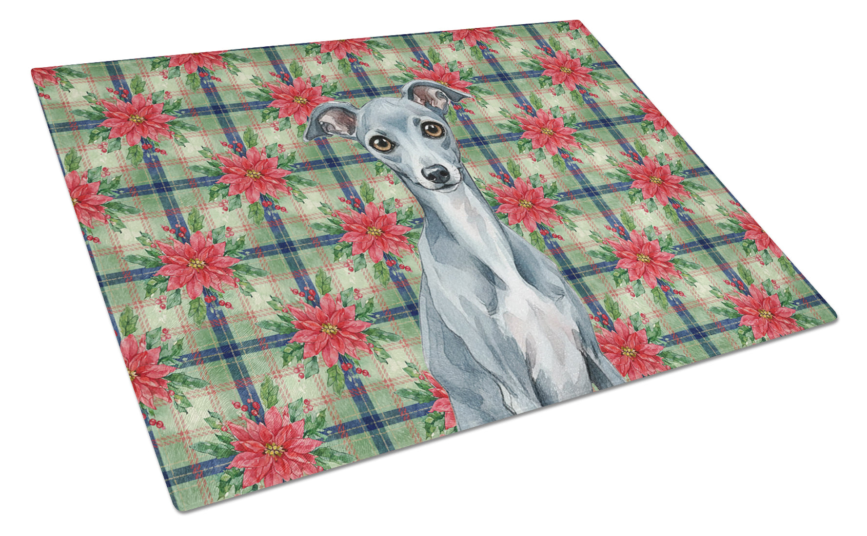 Blue Italian Greyhound Christmas PoinsettIas Cutting Board Tempered Glass Kitchen Cutting Surface, Heat Resistant Chopping, Non-Slip Feet, Food Prep & Serving