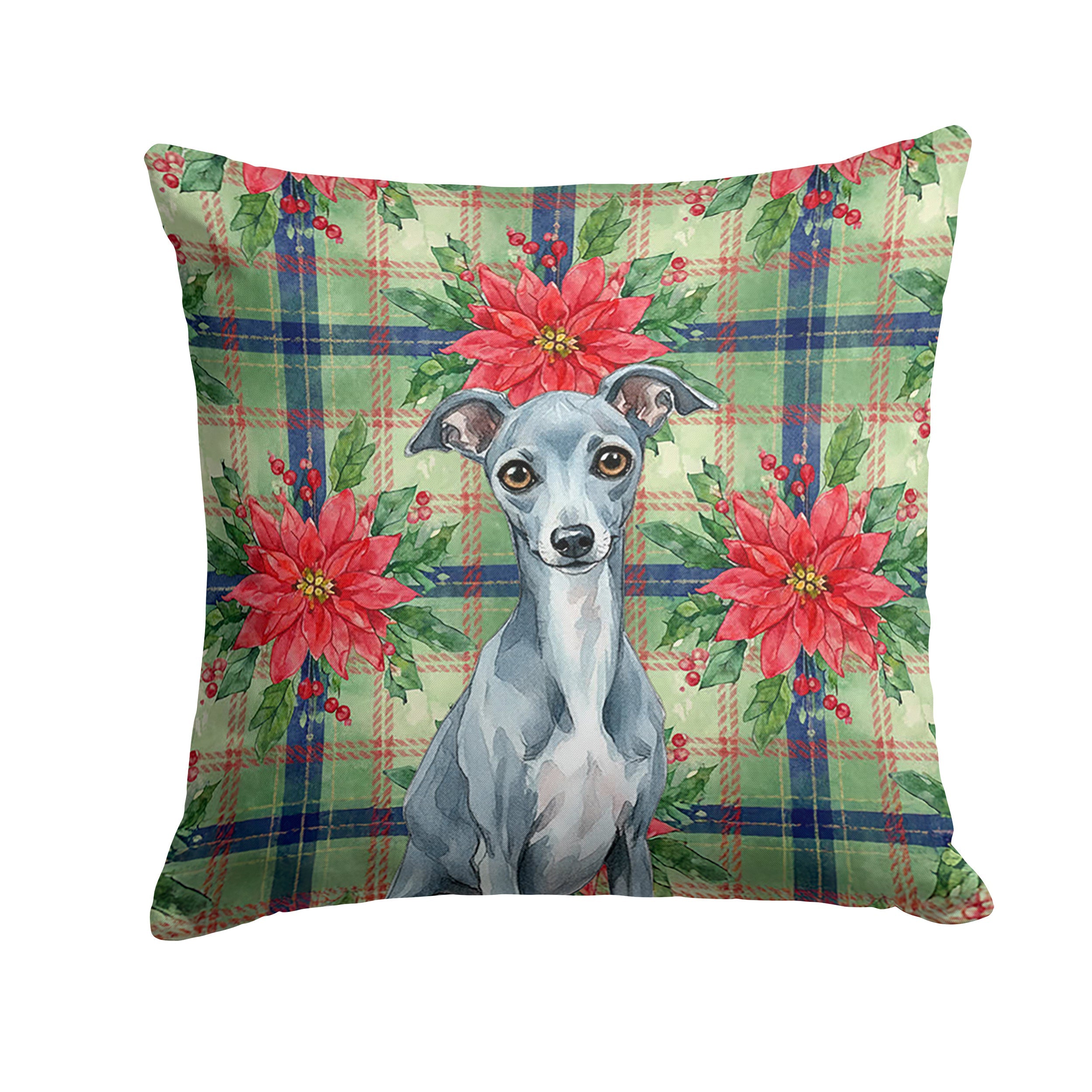 Blue Italian Greyhound Christmas PoinsettIas Decorative Throw Pillow 18x18 Indoor Outdoor Accent Cushion, Fabric Cover with Insert for Sofa, Bed, Porch & Living Room