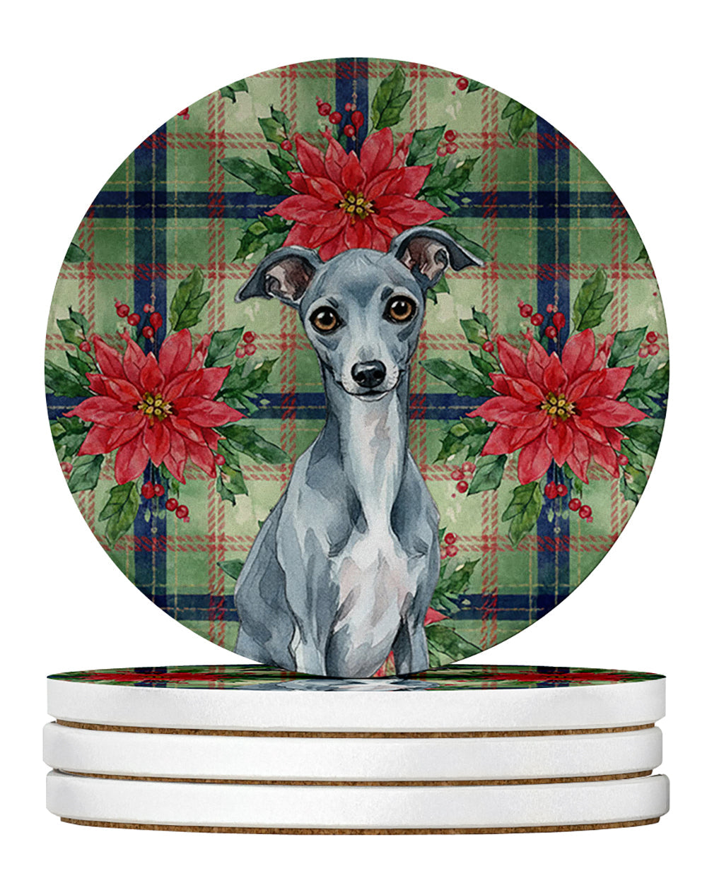 Blue Italian Greyhound Christmas PoinsettIas Large Sandstone Coasters Pack of 4 Absorbent Round Coasters Decor Gifts for Men or Women, 4 in, Multicolor