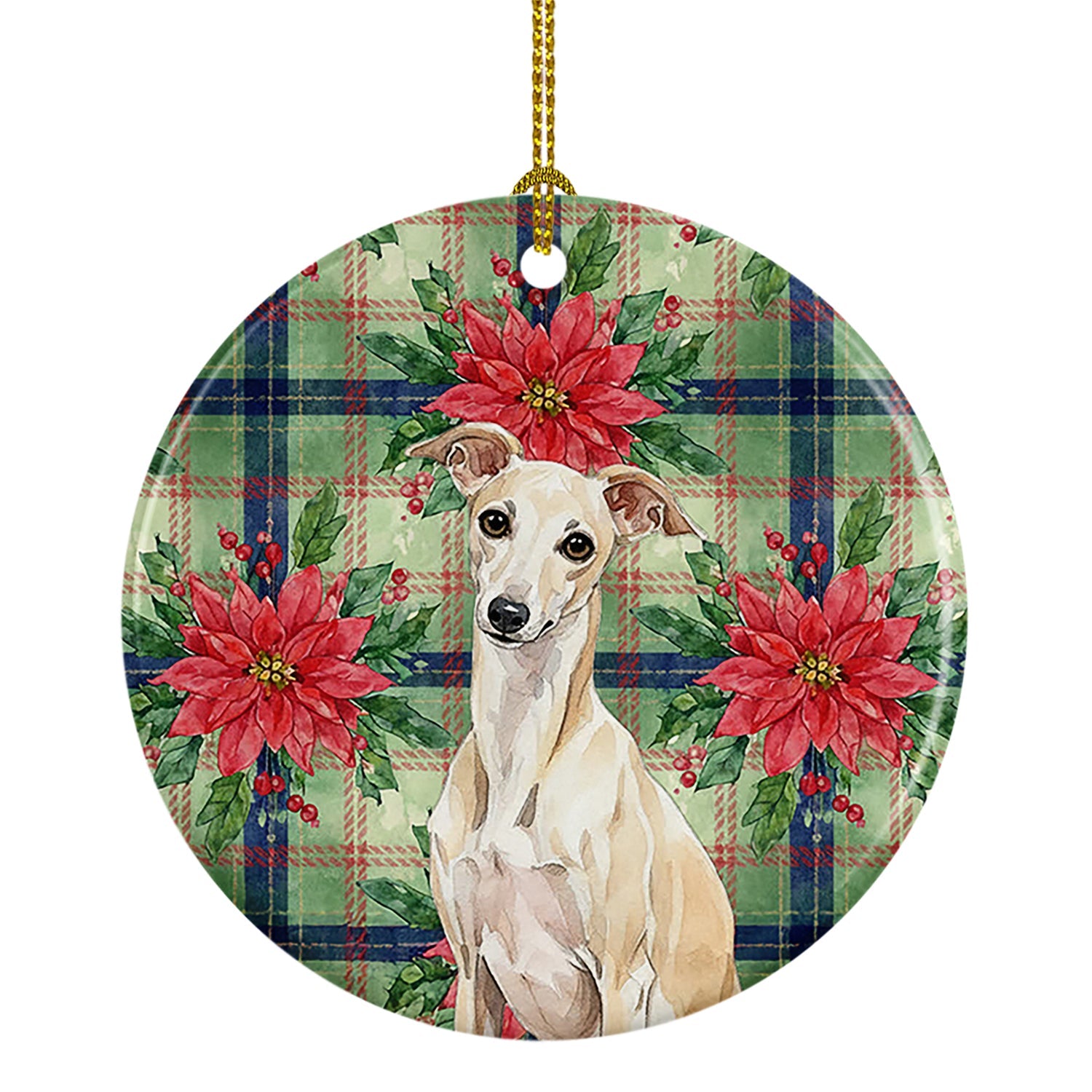 Cream Italian Greyhound Christmas PoinsettIas Ceramic Ornament Christmas Tree Hanging Decorations for Home Christmas Holiday, Party, Gift, 3 in, Multicolor