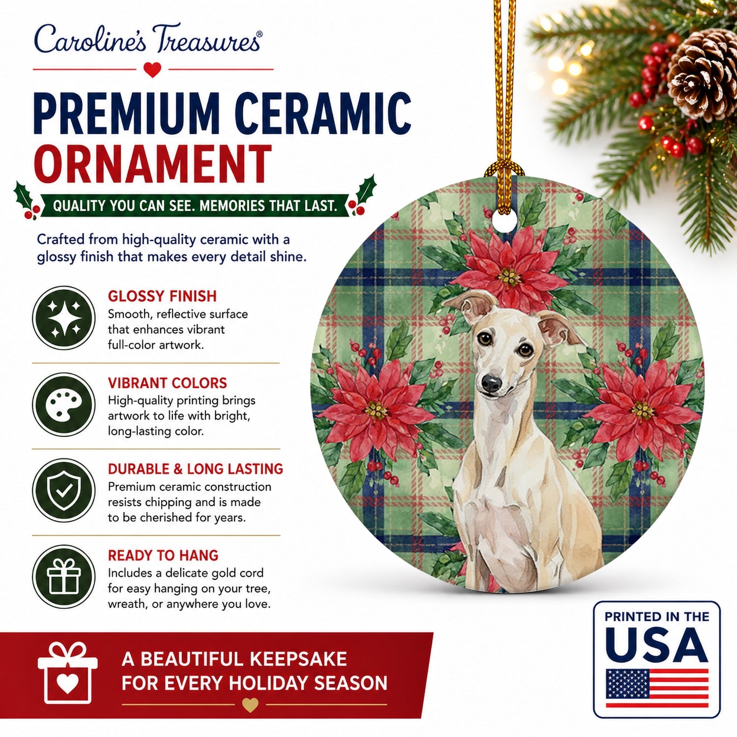 Cream Italian Greyhound Christmas PoinsettIas Ceramic Ornament Christmas Tree Hanging Decorations for Home Christmas Holiday, Party, Gift, 3 in, Multicolor