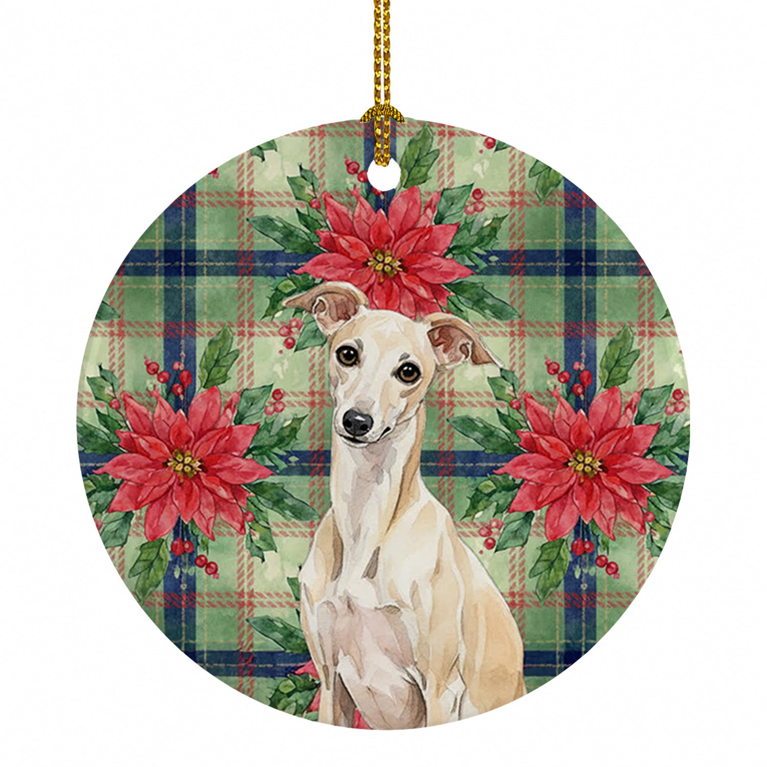 Cream Italian Greyhound Christmas PoinsettIas Ceramic Ornament Christmas Tree Hanging Decorations for Home Christmas Holiday, Party, Gift, 3 in, Multicolor