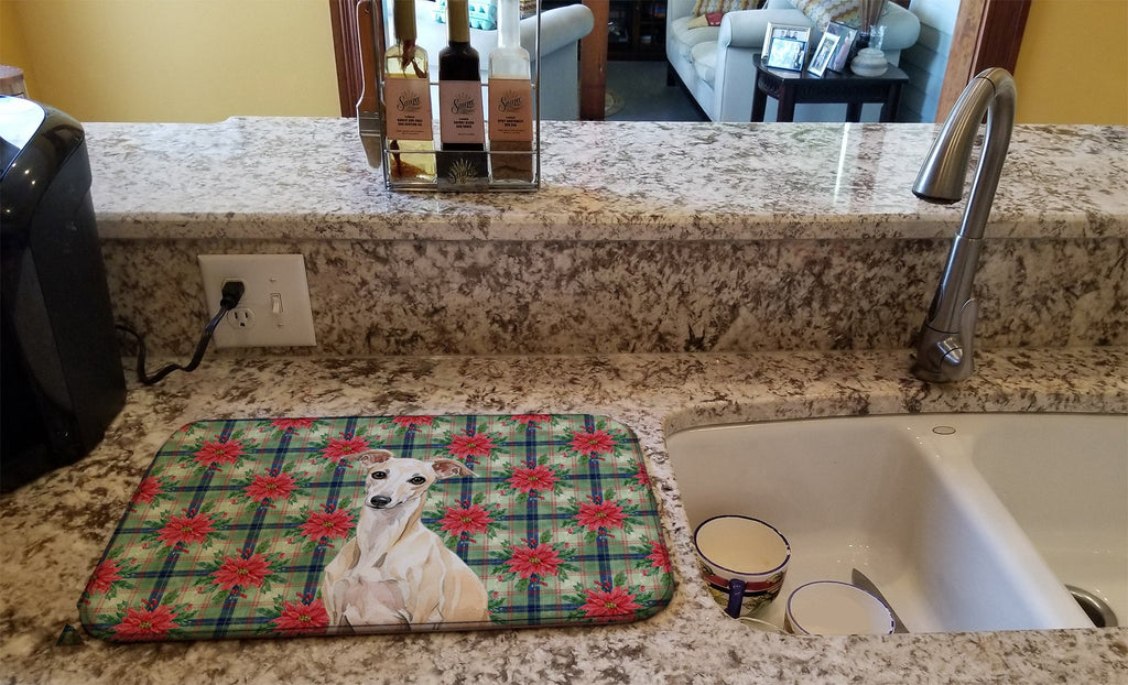 Cream Italian Greyhound Christmas PoinsettIas Dish Drying Mat Absorbent Dish Drying Mat Pad for Kitchen Counter Dish Drainer Mat for Countertop, 14 x 21", Multicolor