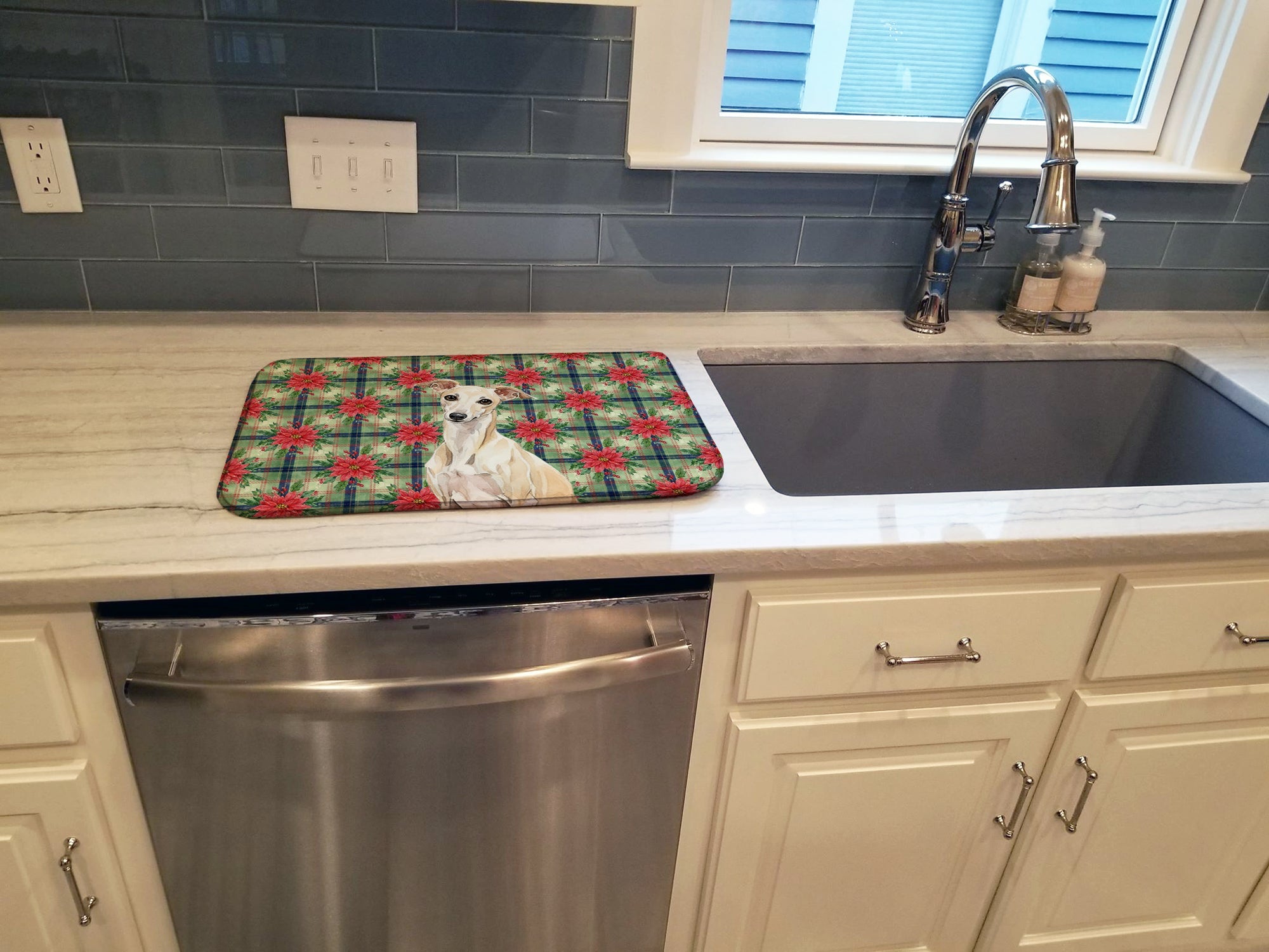 Cream Italian Greyhound Christmas PoinsettIas Dish Drying Mat Absorbent Dish Drying Mat Pad for Kitchen Counter Dish Drainer Mat for Countertop, 14 x 21", Multicolor