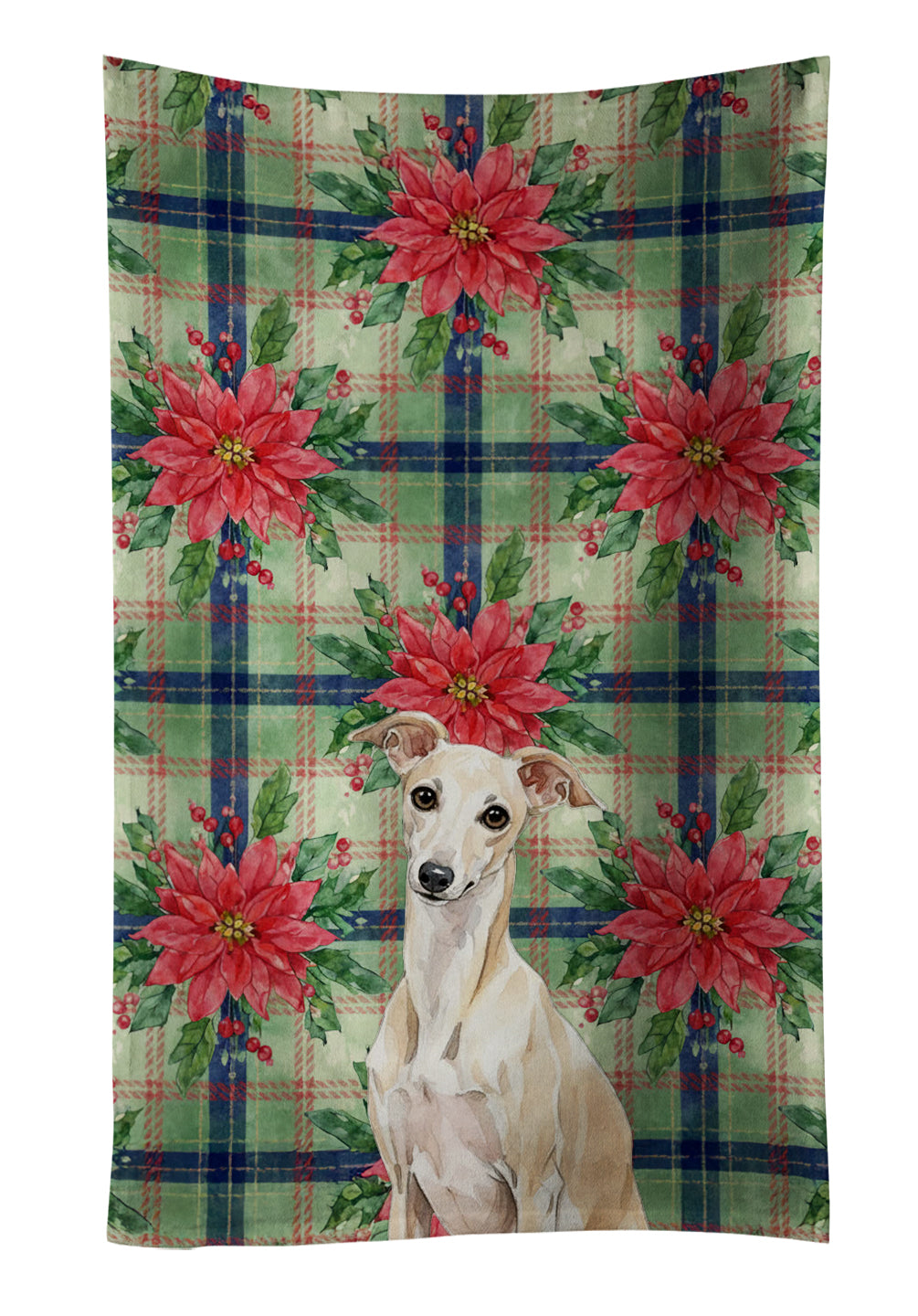 Cream Italian Greyhound Christmas PoinsettIas Kitchen Towel Velour Plush Front and Cotton Loop Back Machine Washable