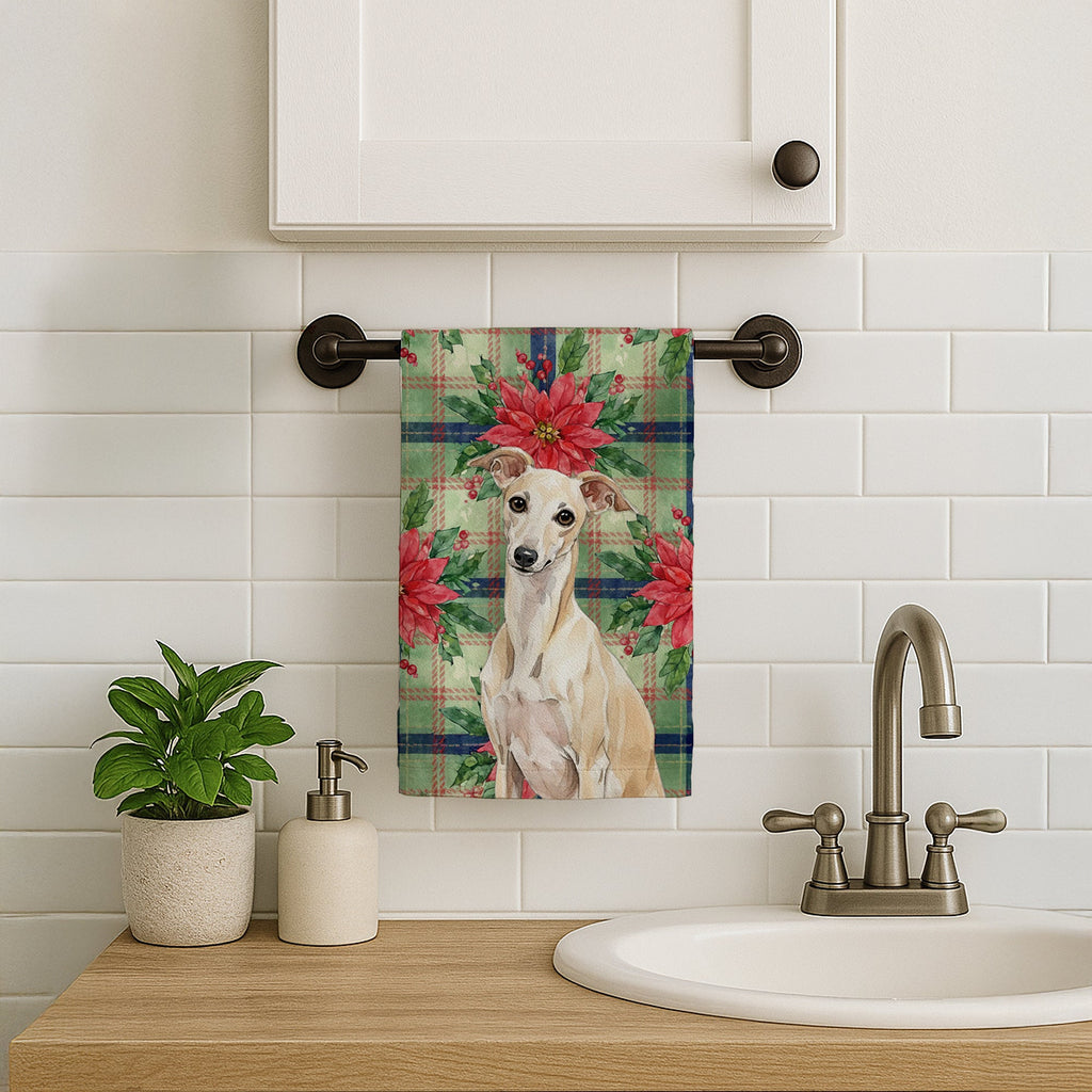 Cream Italian Greyhound Christmas PoinsettIas Kitchen Towel Velour Plush Front and Cotton Loop Back Machine Washable