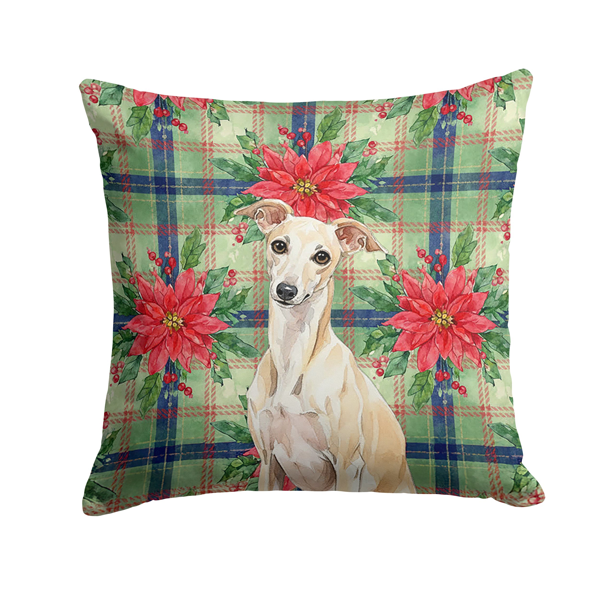 Cream Italian Greyhound Christmas PoinsettIas Decorative Throw Pillow 14x14 Indoor Outdoor Accent Cushion, Fabric Cover with Insert for Sofa, Bed, Porch & Living Room