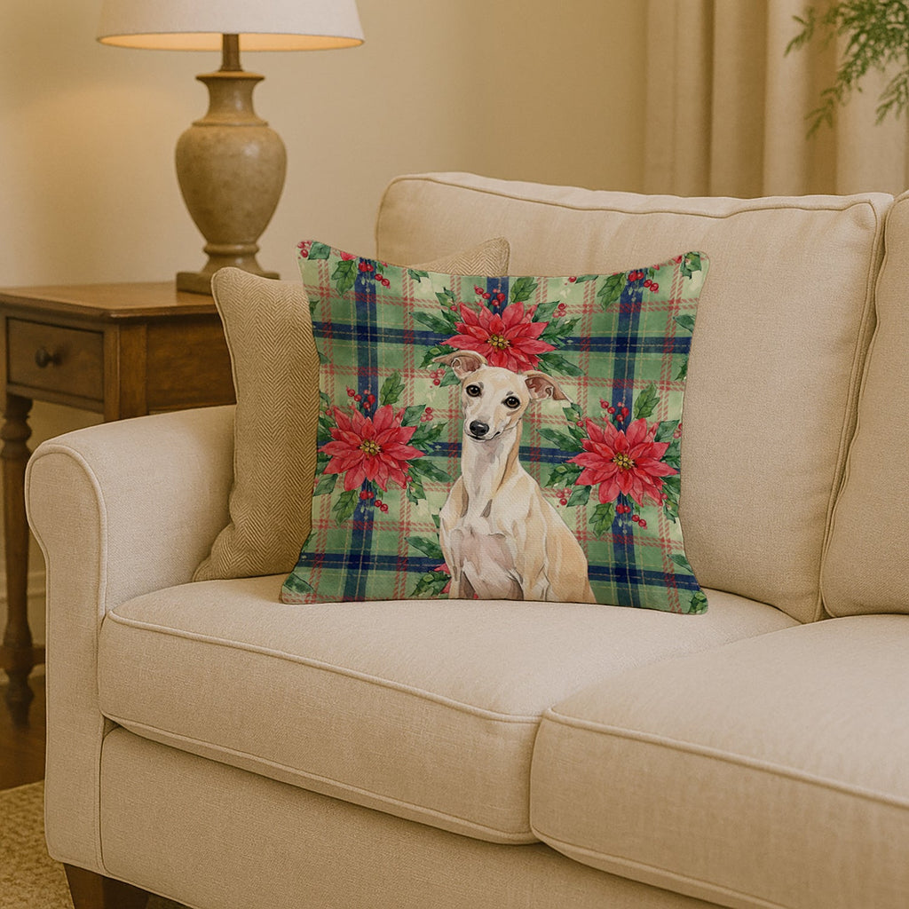 Cream Italian Greyhound Christmas PoinsettIas Decorative Throw Pillow 14x14 Indoor Outdoor Accent Cushion, Fabric Cover with Insert for Sofa, Bed, Porch & Living Room