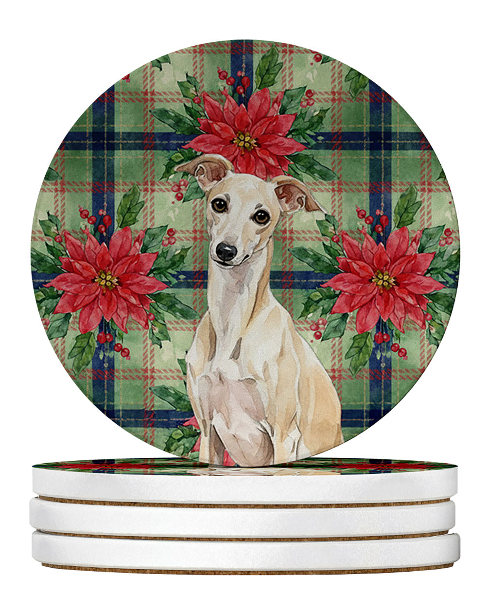 Cream Italian Greyhound Christmas PoinsettIas Large Sandstone Coasters Pack of 4 Absorbent Round Coasters Decor Gifts for Men or Women, 4 in, Multicolor