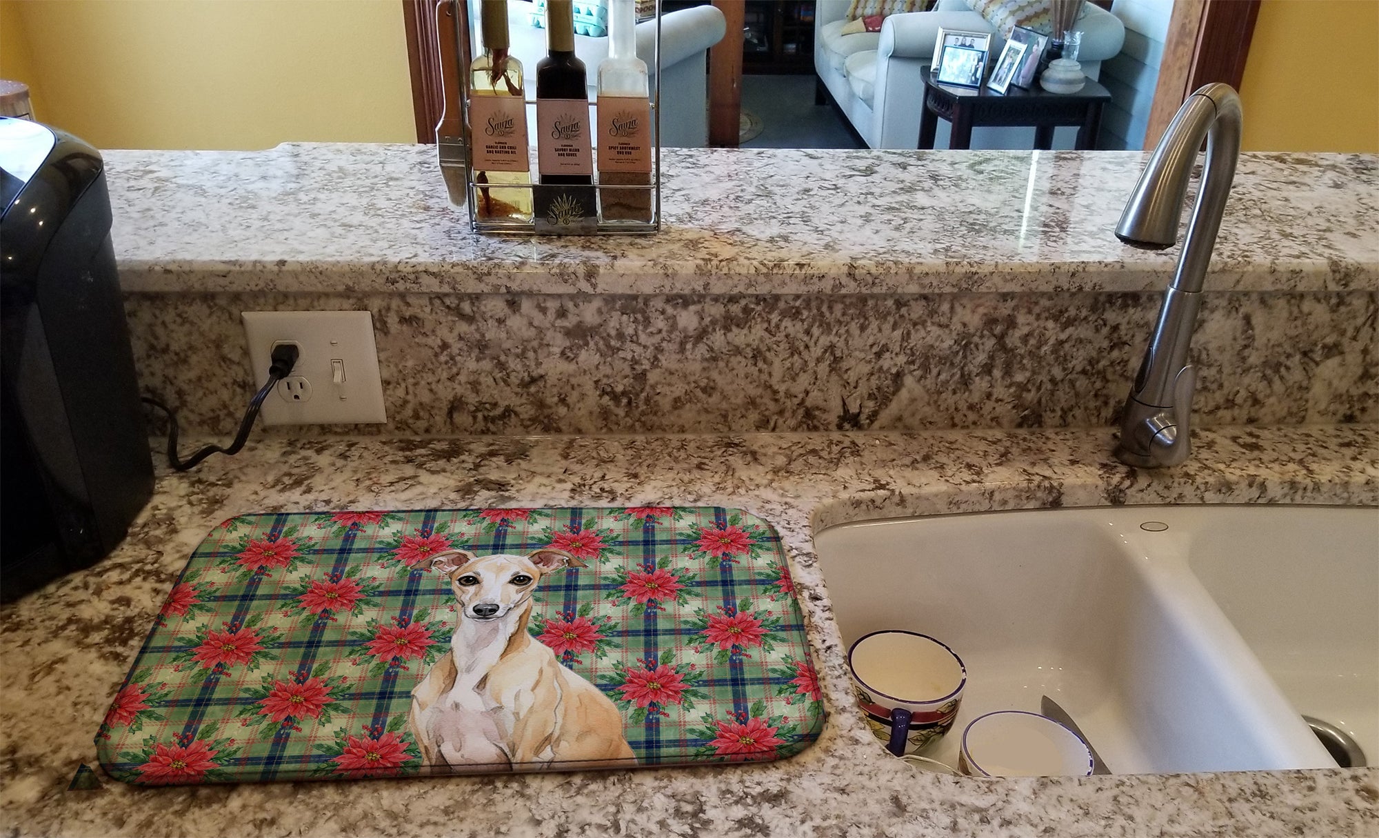 Fawn Italian Greyhound Christmas PoinsettIas Dish Drying Mat Absorbent Dish Drying Mat Pad for Kitchen Counter Dish Drainer Mat for Countertop, 14 x 21", Multicolor