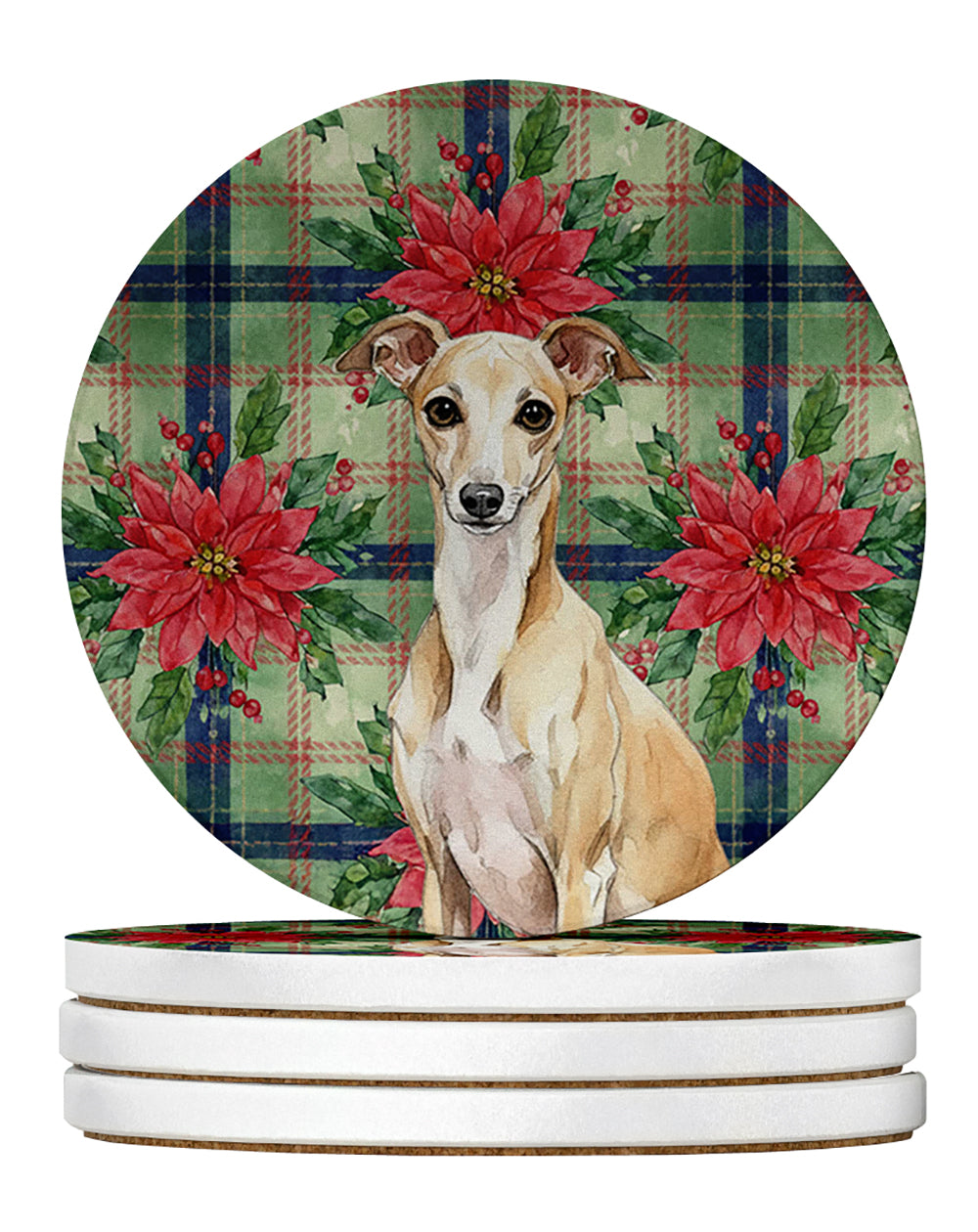 Fawn Italian Greyhound Christmas PoinsettIas Large Sandstone Coasters Pack of 4 Absorbent Round Coasters Decor Gifts for Men or Women, 4 in, Multicolor