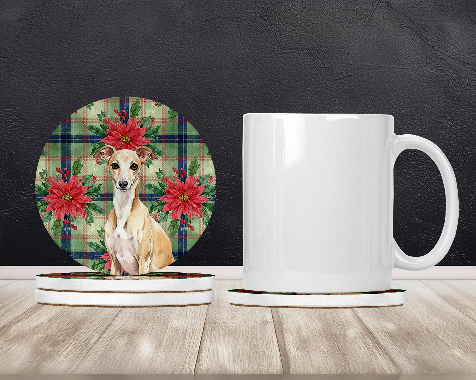 Fawn Italian Greyhound Christmas PoinsettIas Large Sandstone Coasters Pack of 4 Absorbent Round Coasters Decor Gifts for Men or Women, 4 in, Multicolor