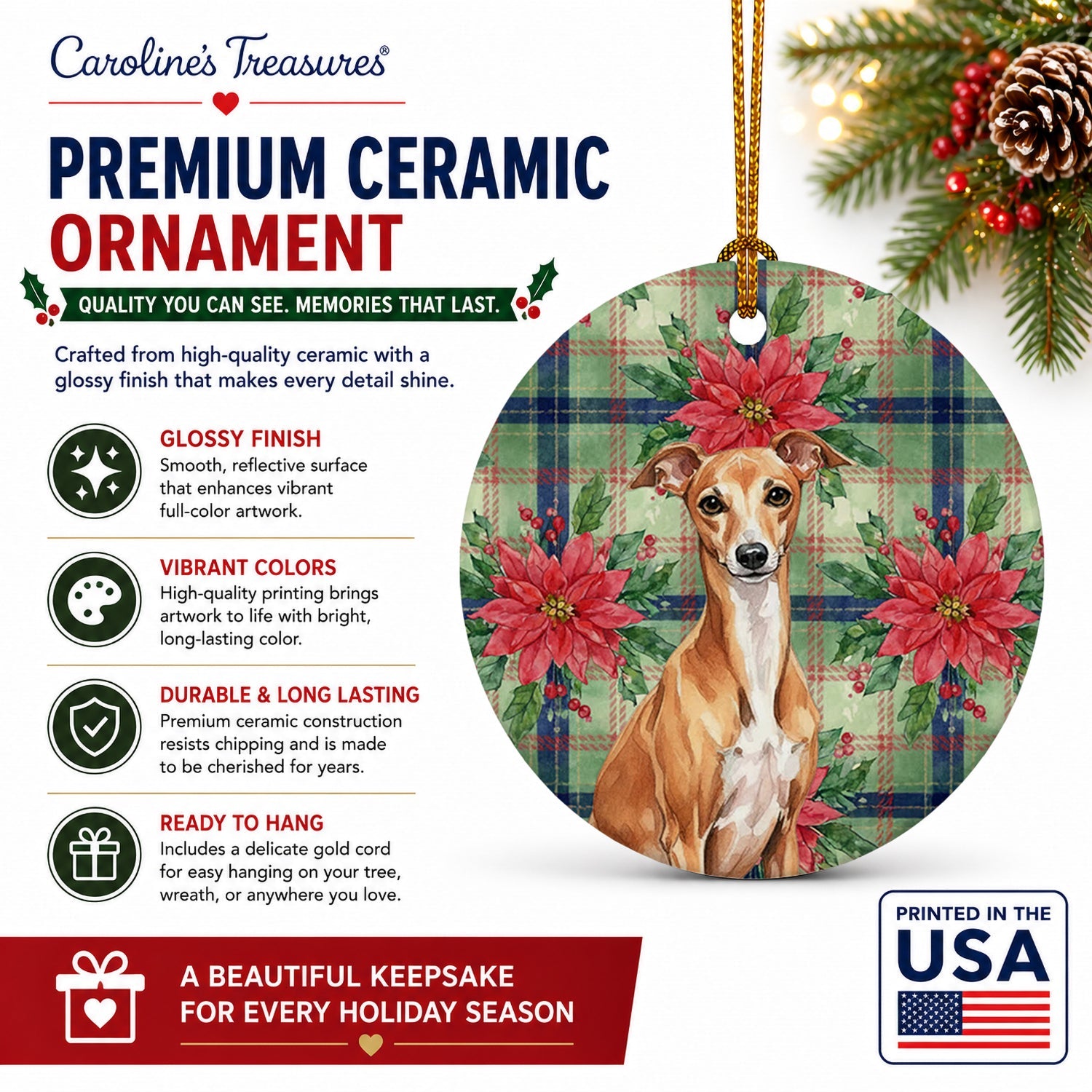 Red Italian Greyhound Christmas PoinsettIas Ceramic Ornament Christmas Tree Hanging Decorations for Home Christmas Holiday, Party, Gift, 3 in, Multicolor