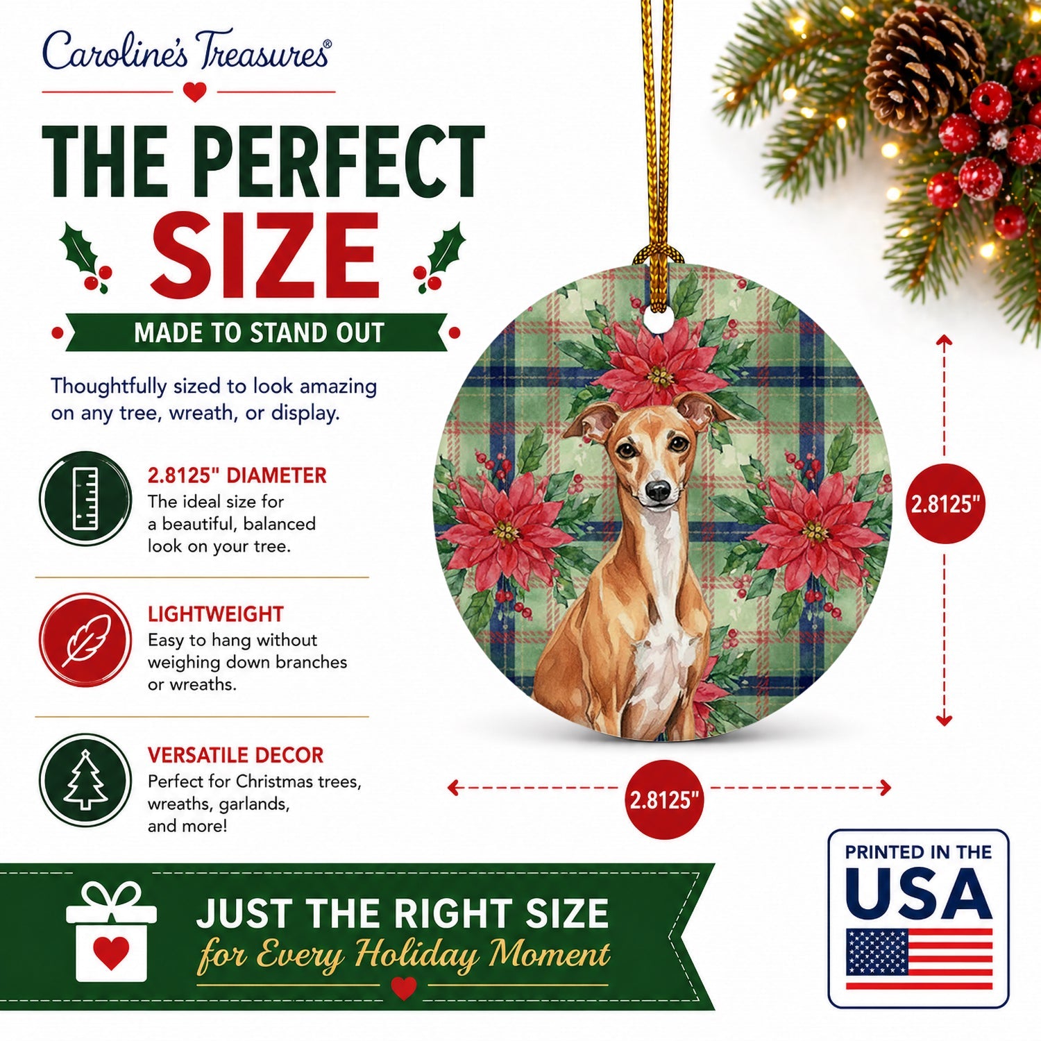 Red Italian Greyhound Christmas PoinsettIas Ceramic Ornament Christmas Tree Hanging Decorations for Home Christmas Holiday, Party, Gift, 3 in, Multicolor