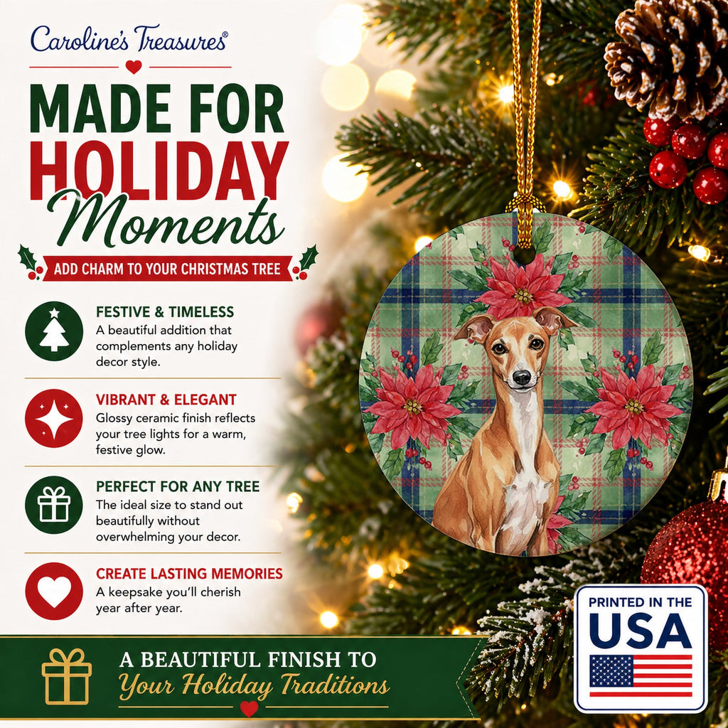 Red Italian Greyhound Christmas PoinsettIas Ceramic Ornament Christmas Tree Hanging Decorations for Home Christmas Holiday, Party, Gift, 3 in, Multicolor
