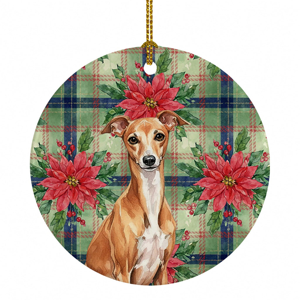 Red Italian Greyhound Christmas PoinsettIas Ceramic Ornament Christmas Tree Hanging Decorations for Home Christmas Holiday, Party, Gift, 3 in, Multicolor