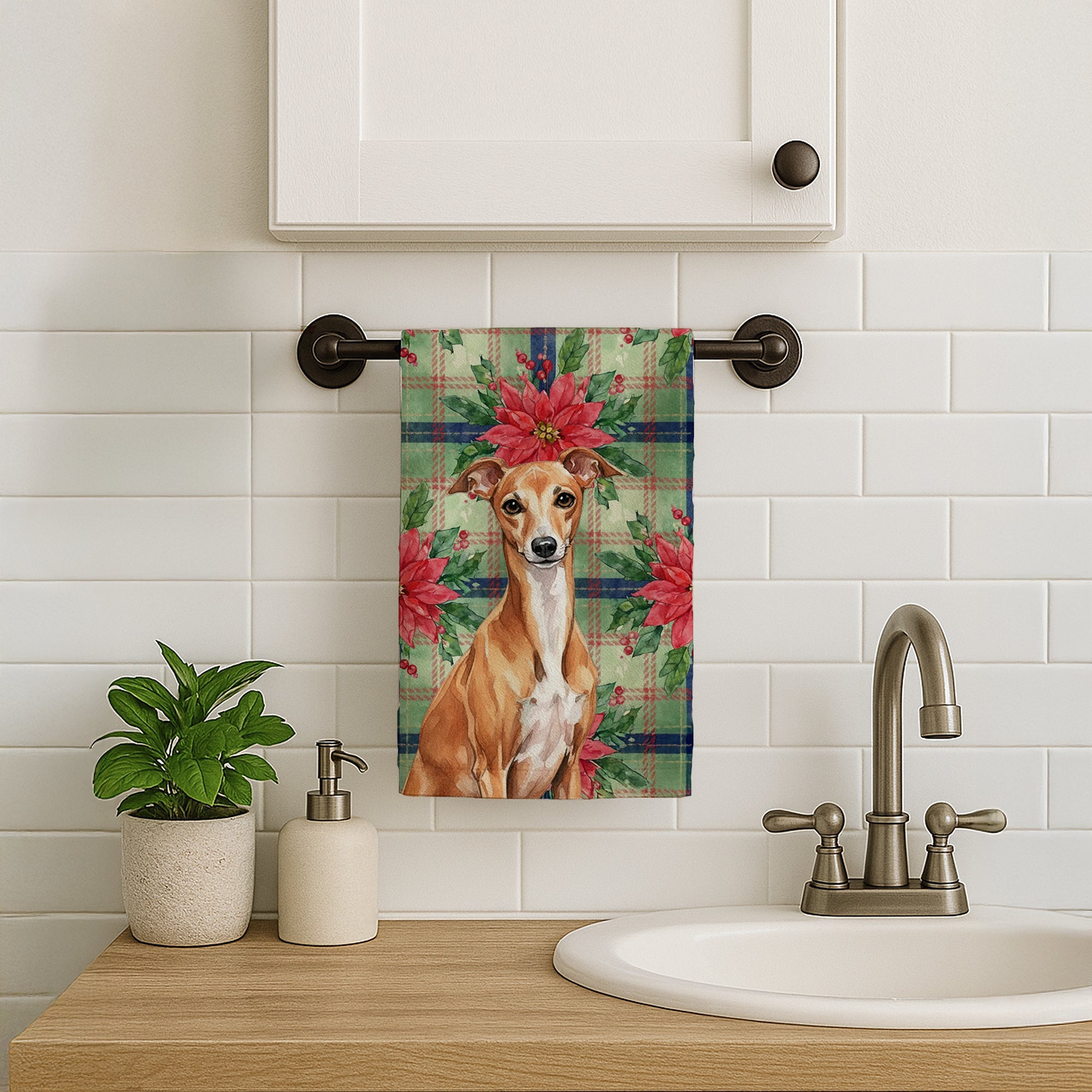 Red Italian Greyhound Christmas PoinsettIas Kitchen Towel Velour Plush Front and Cotton Loop Back Machine Washable